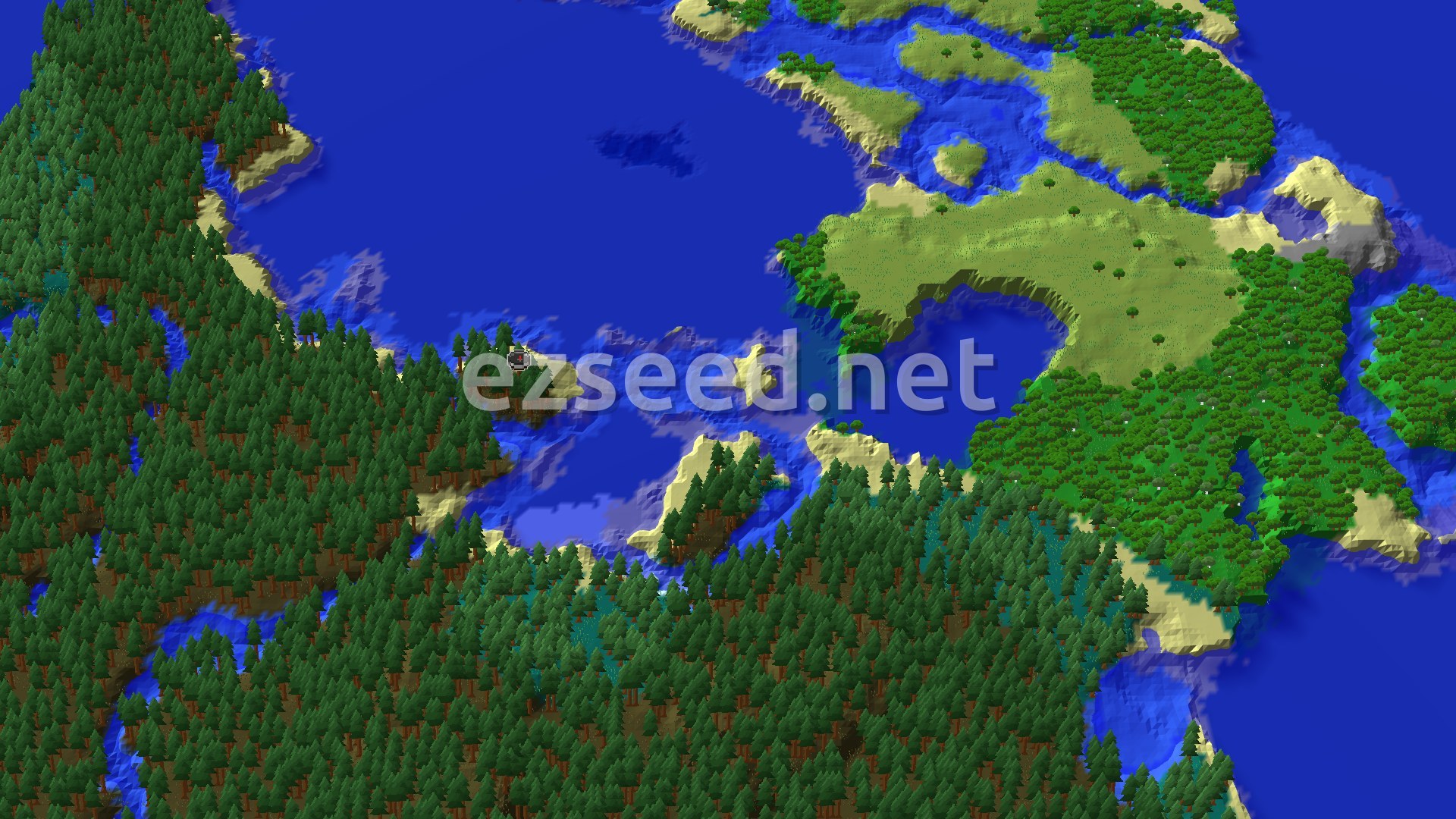 Aerial Minecraft seed map — Coastal Taiga Start with Close Buried Treasure