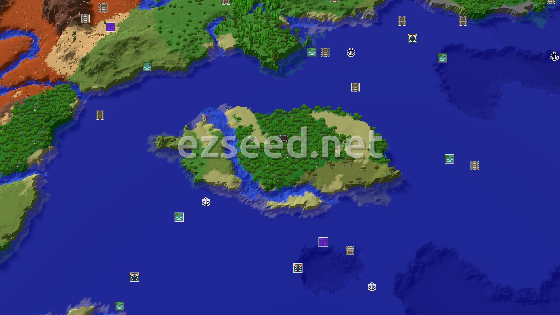 Aerial Minecraft seed map — A Lush Jungle Island Start with Nearby Trials