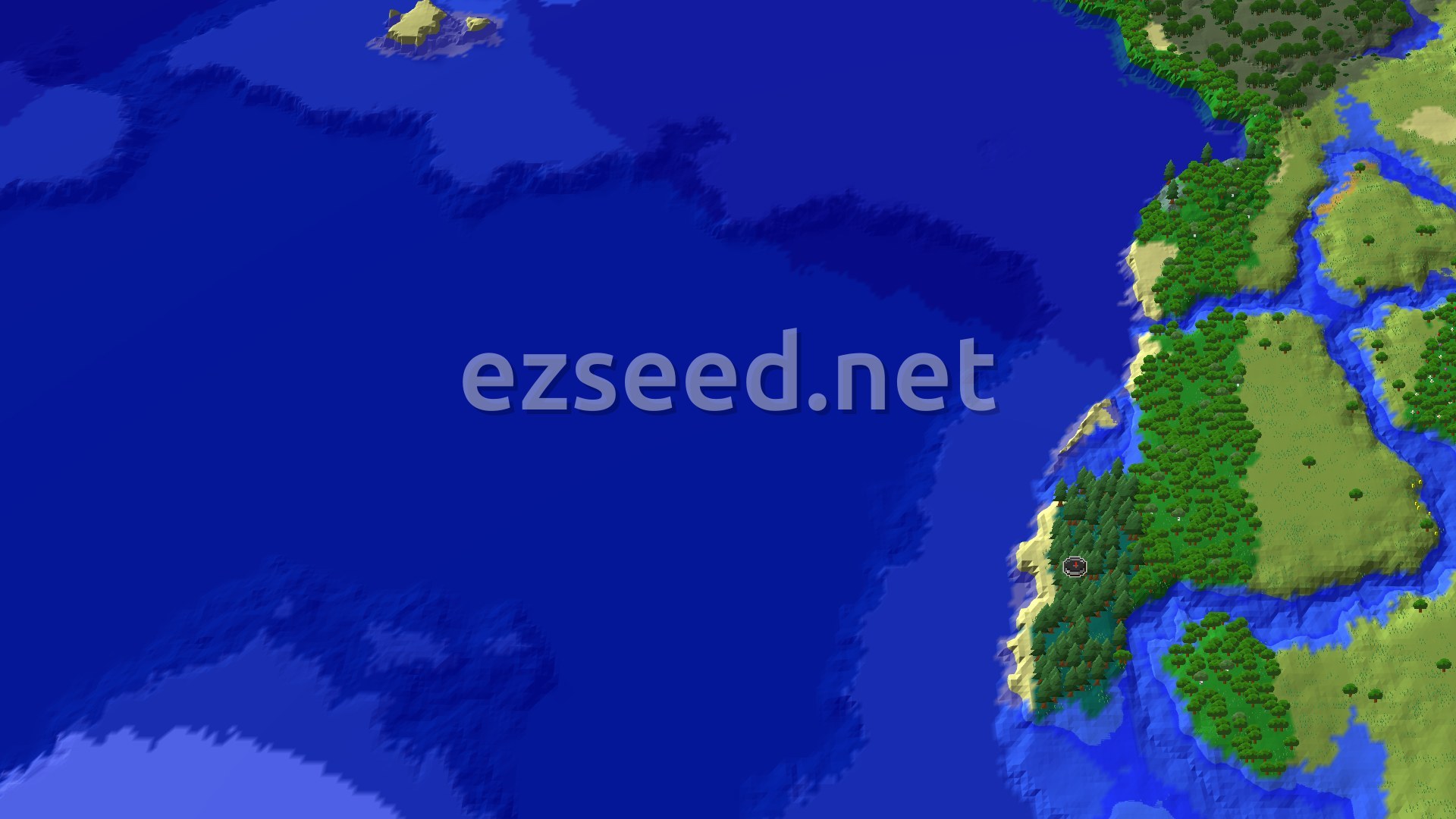 Aerial Minecraft seed map — Ocean and Taiga Spawn with a Distant Ancient City