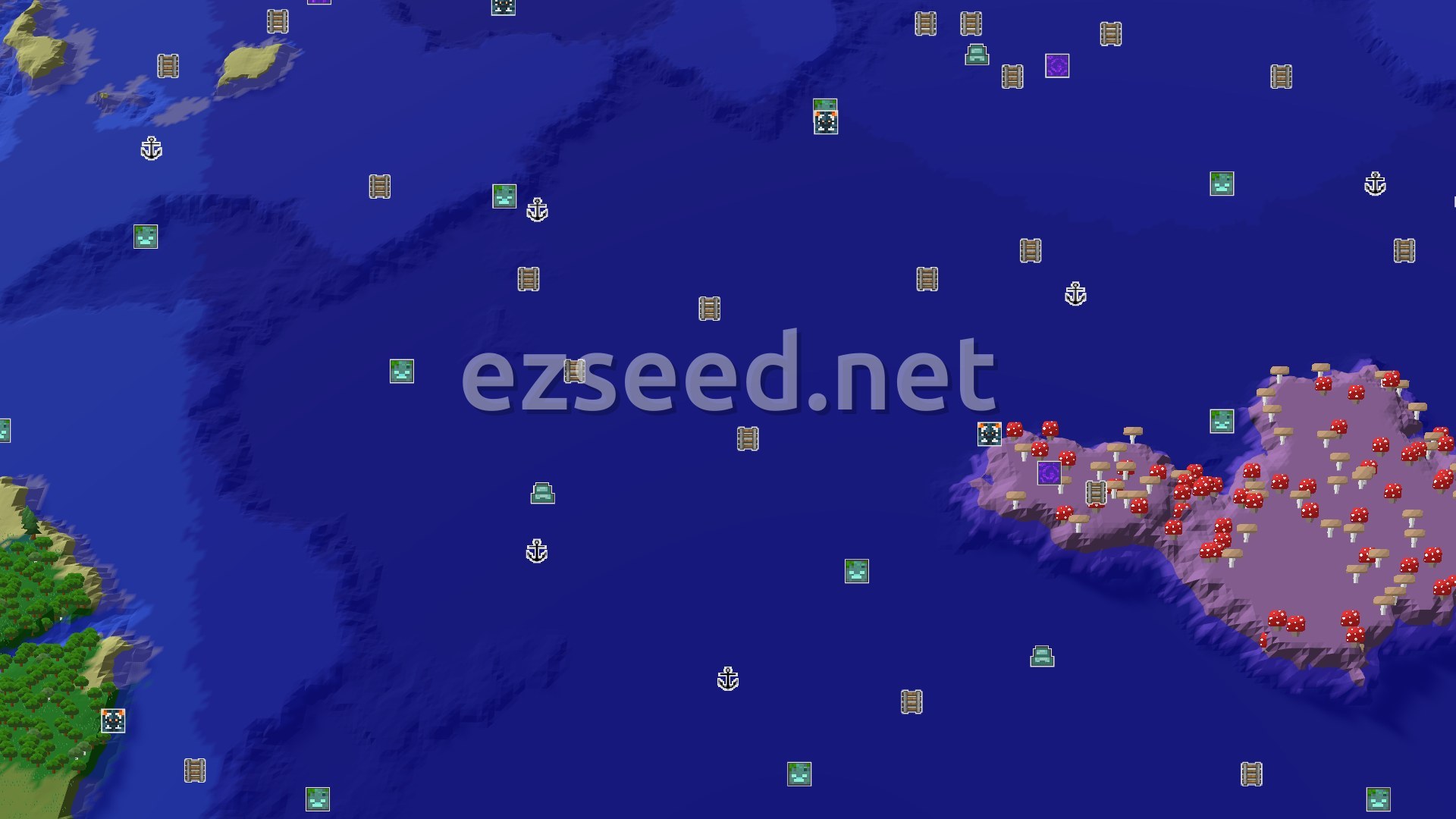 Aerial Minecraft seed map — Spawn in Plains with a nearby Cherry Grove and Mushroom Fields
