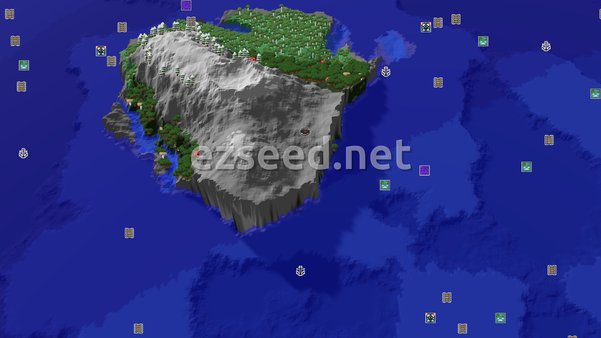 Aerial Minecraft seed map — An Island Start with Nearby Mountain Peaks