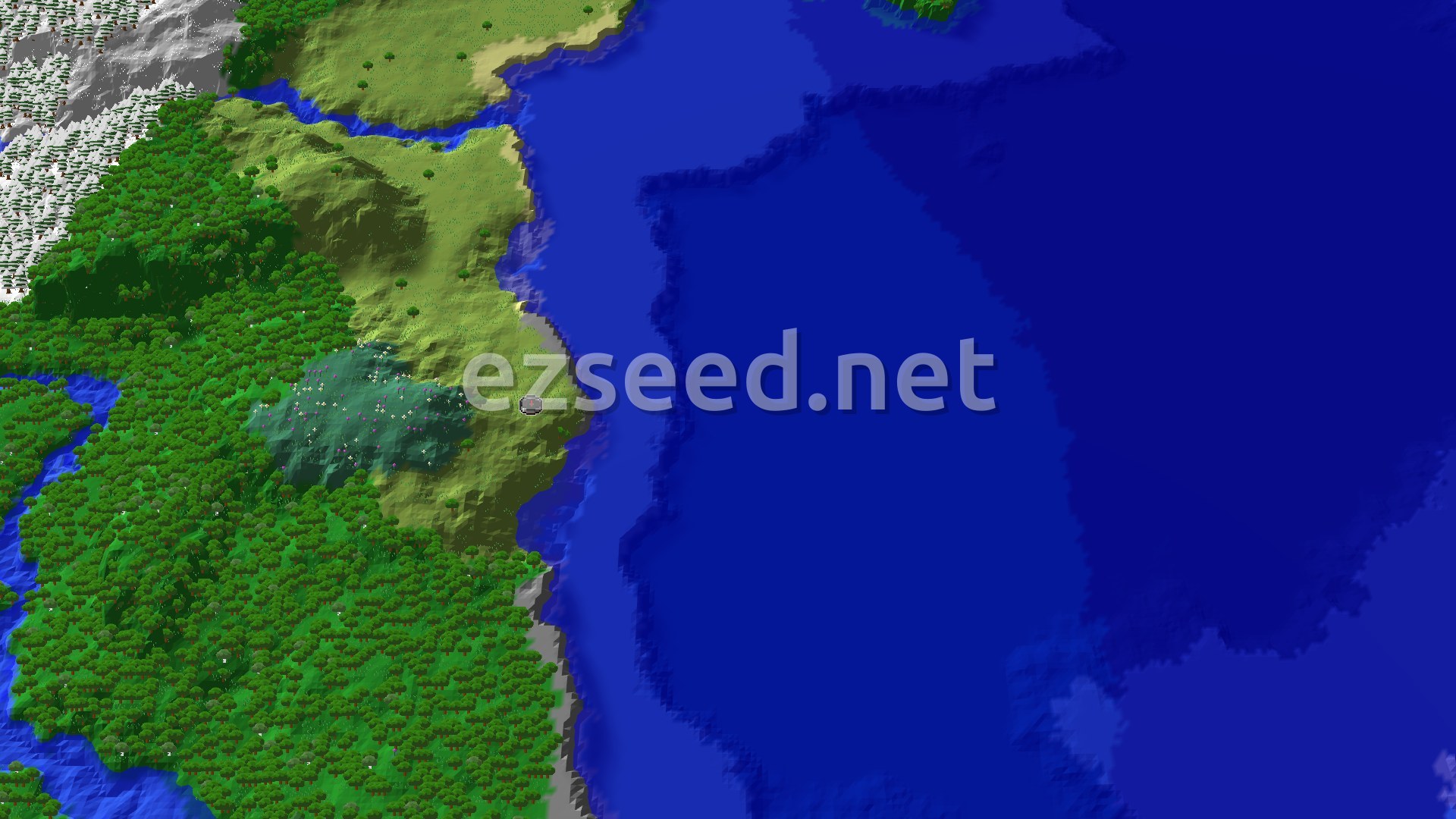 Aerial Minecraft seed map — A Cold Ocean Start with Distant Icy Peaks