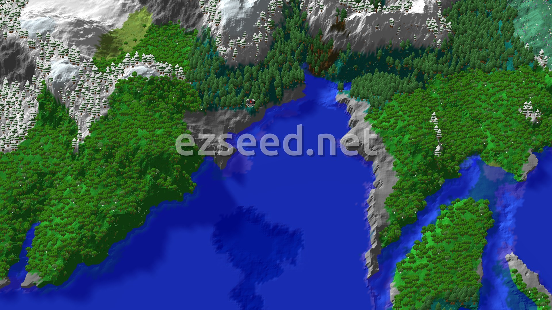 Aerial Minecraft seed map — Ancient City Near Spawn in a Mountainous Taiga