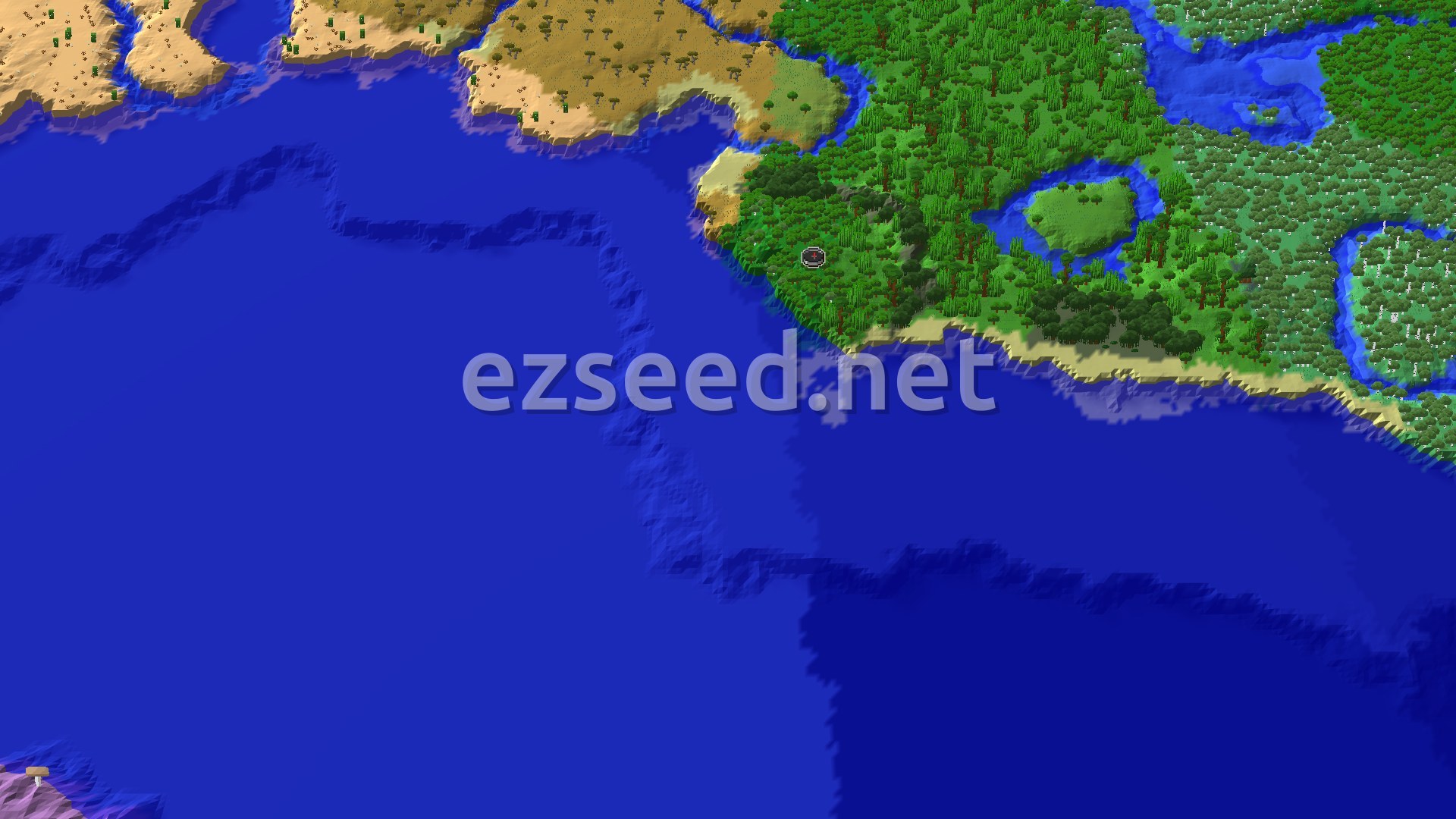 An overhead view of a diverse landscape featuring a dense forest, light-colored beaches, and a vast blue ocean. A small marker indicates the spawn point within the forest.