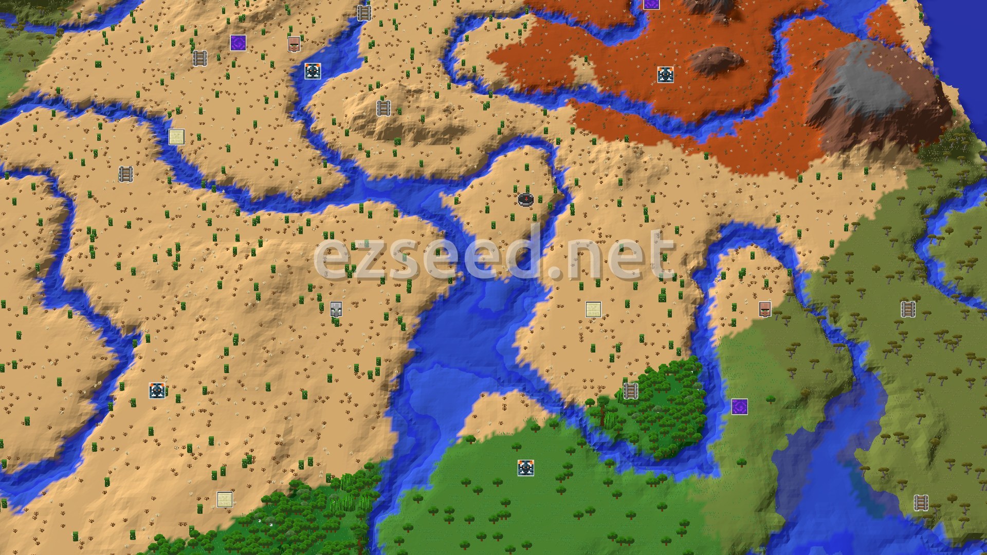 Aerial Minecraft seed map — A Desert Start with Nearby Badlands and Many Structures