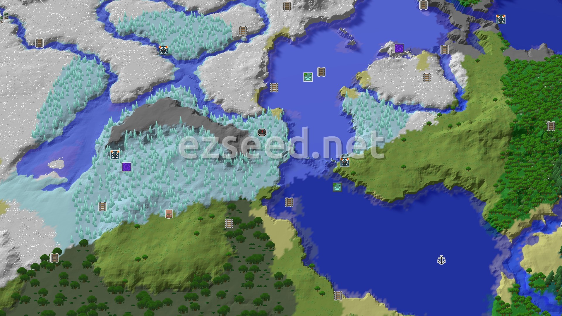 Aerial Minecraft seed map — A Frozen Start with Nearby Underground Treasures