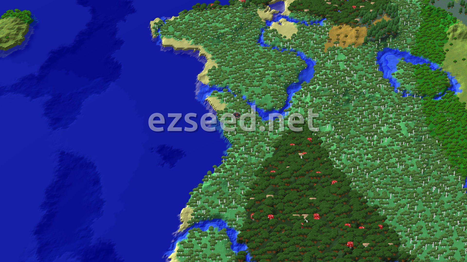 A bird's eye view of a varied forest landscape with a significant body of water to the west. The terrain shows a mix of green trees, some lighter birch, and darker sections that suggest a dark forest. Rivers wind through the land, leading to sandy beaches along the coast. A small spawn marker sits near the center.