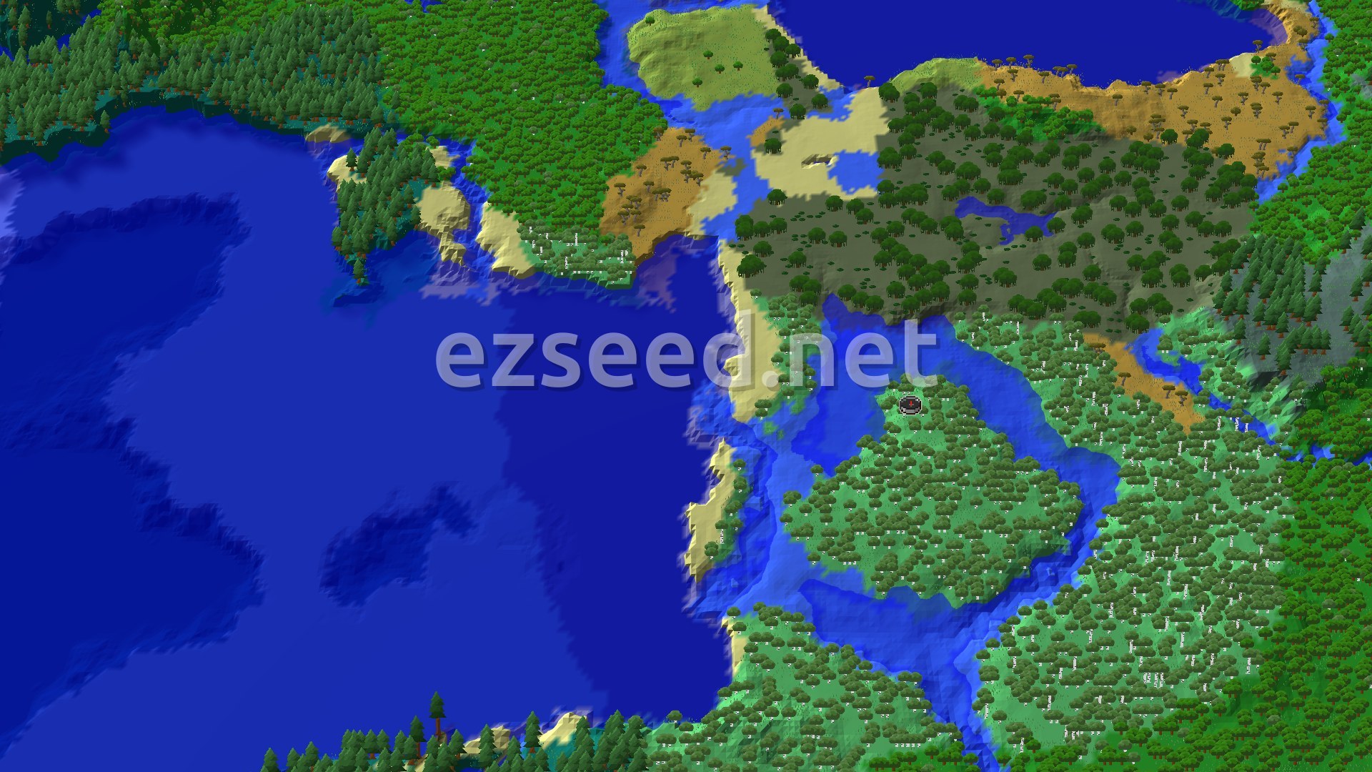 Aerial Minecraft seed map — A Birch Forest Start with Nearby Savanna and Cold Ocean