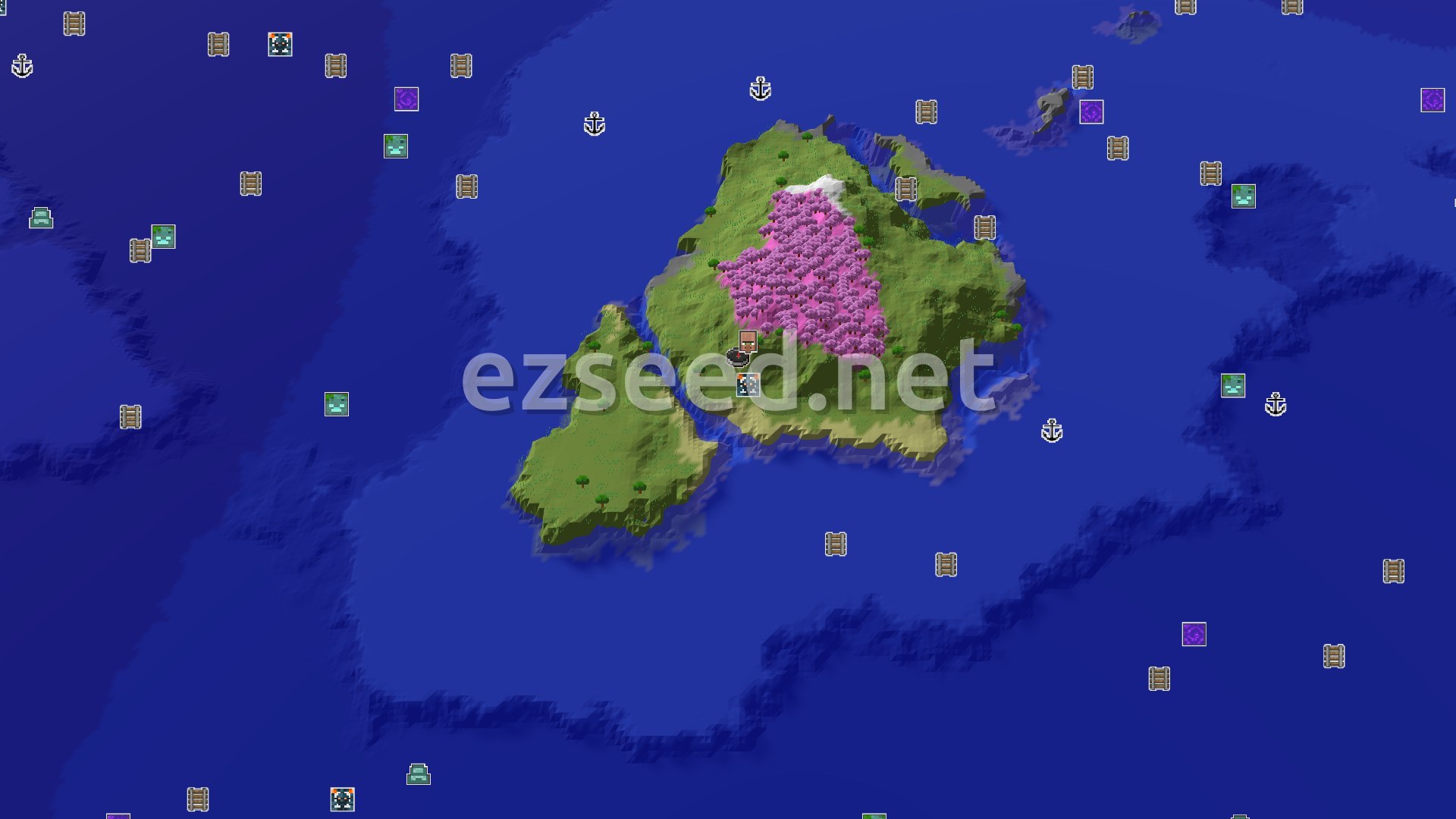Aerial Minecraft seed map — Island Spawn with Nearby Village and Cherry Grove