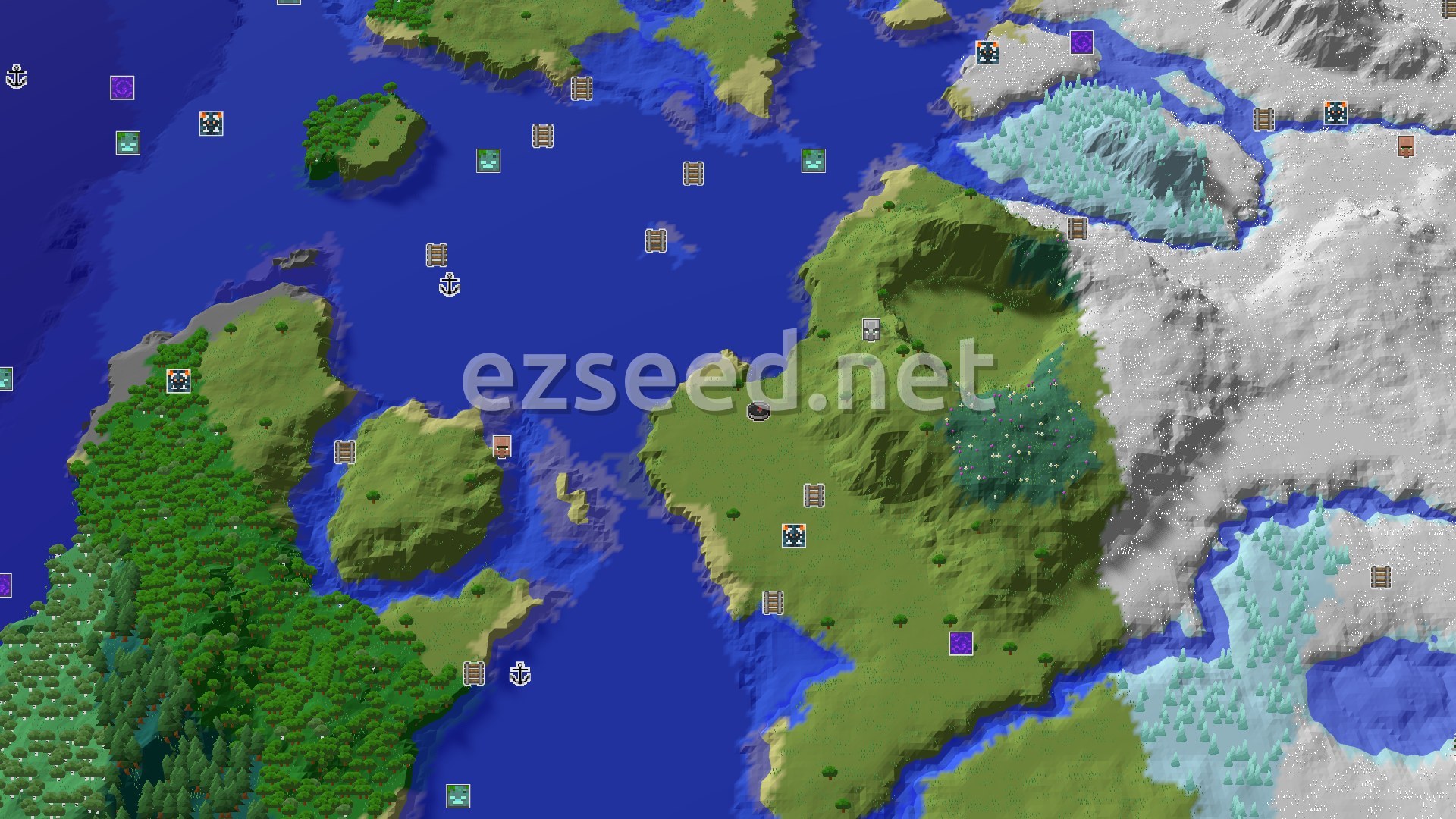 Aerial Minecraft seed map — Pillager Outpost Near Icy Spikes and Cherry Grove