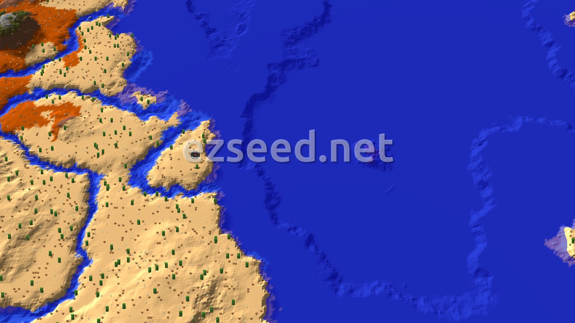 Aerial Minecraft seed map — Desert Spawn with Nearby Trial Chambers and Village