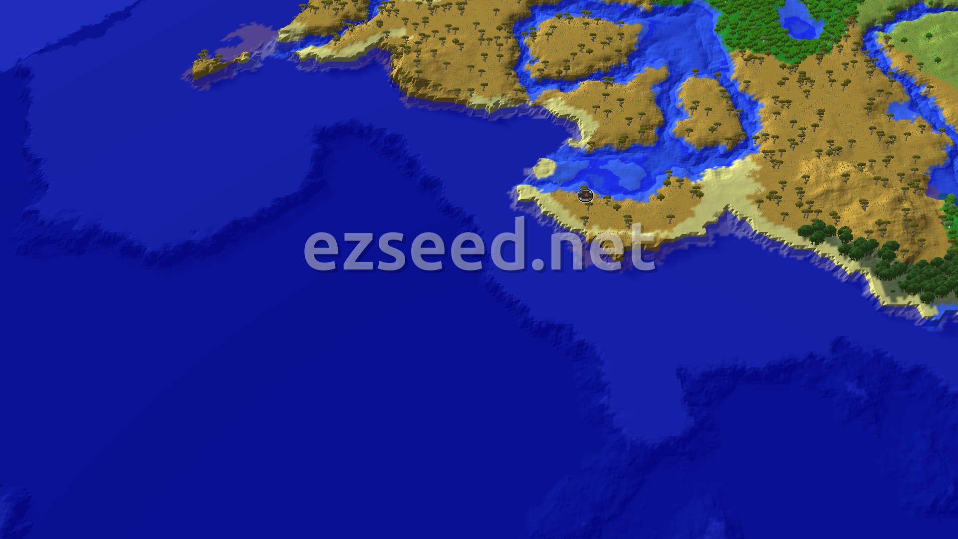 A 3D fly-over rendering of a Minecraft world, showing a primarily savanna landscape with scattered acacia trees, bordered by beaches and various ocean biomes. A small spawn marker is visible in the center.