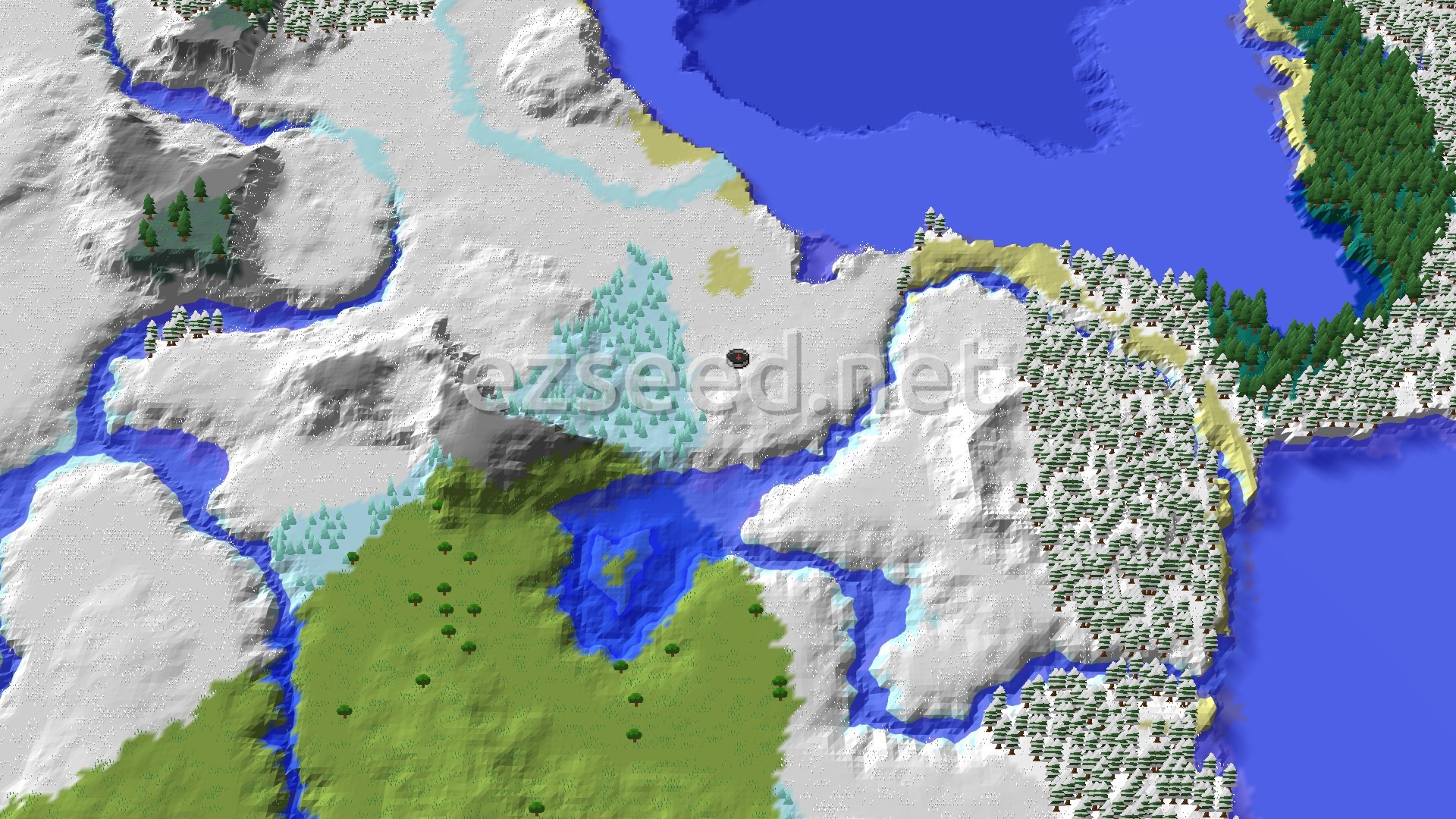 An overhead view of a snow-covered landscape with a large frozen ocean to the north and patches of green forest to the south, featuring a small spawn marker in the center.