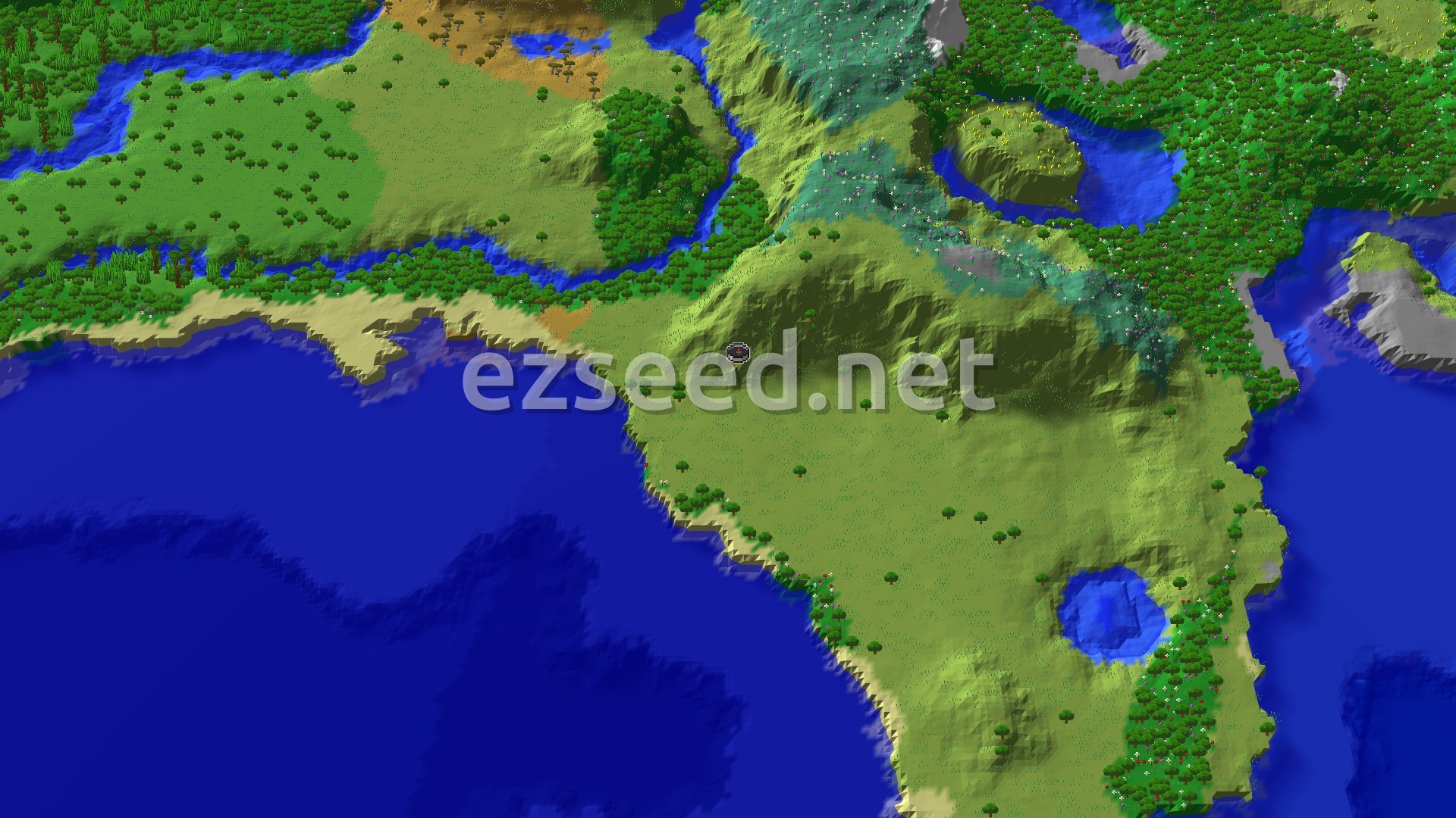 Aerial Minecraft seed map — Flower Forest, Village, and Trial Chambers Nearby