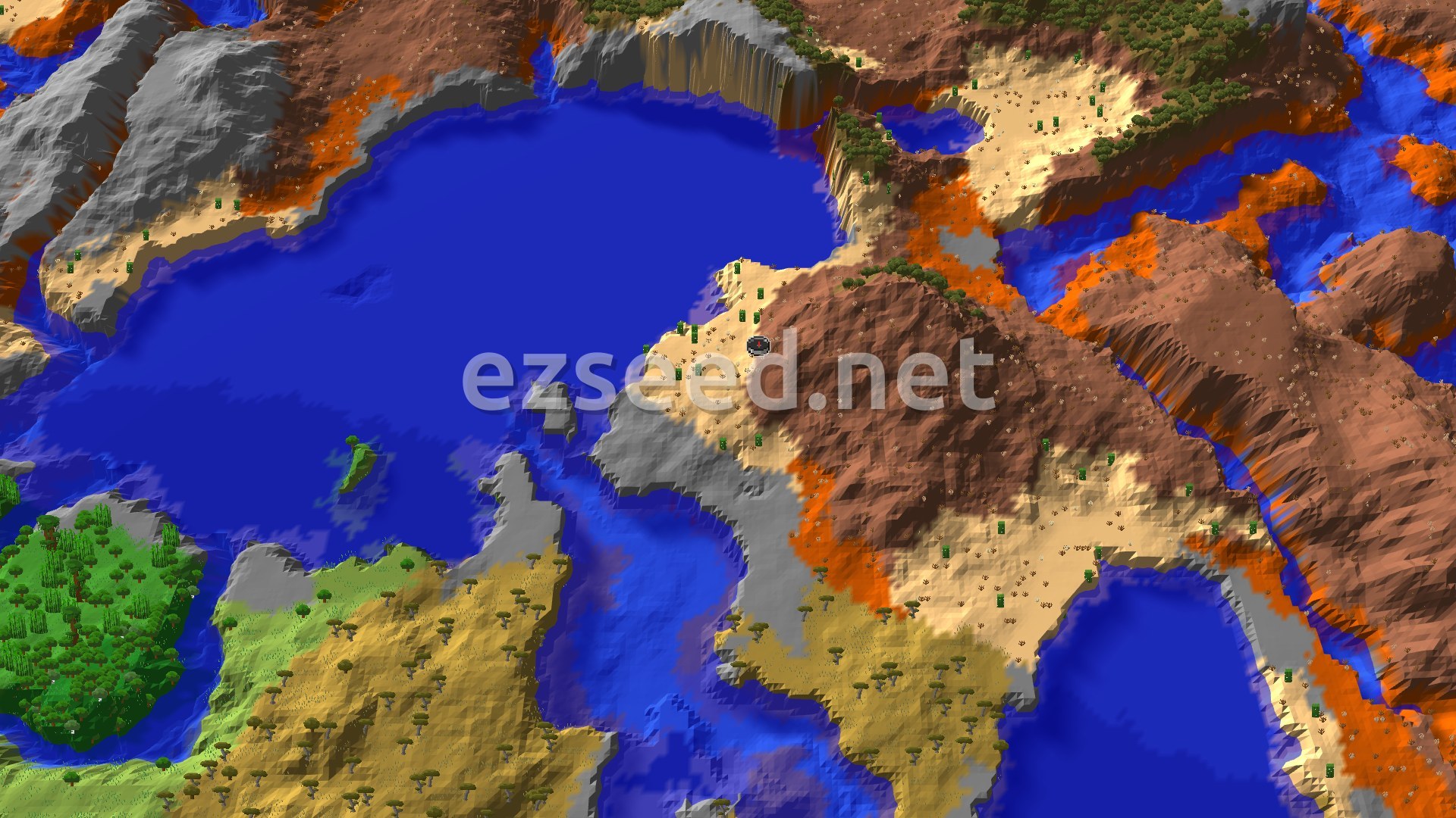 A 3D fly-over rendering of a Minecraft world, showing a dark blue ocean bordered by sandy deserts, brown badlands, and some green savanna and forest biomes. A small black spawn marker is visible near the center on a sandy patch.