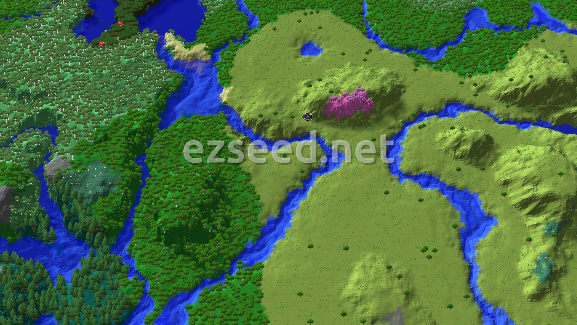 Aerial Minecraft seed map — Cherry Grove Village Start