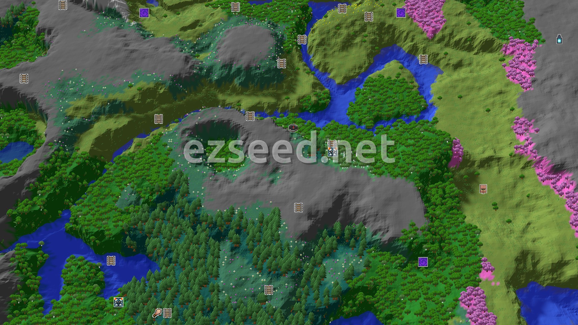 Aerial Minecraft seed map — Spawn in a Meadow, explore nearby Trial Chambers