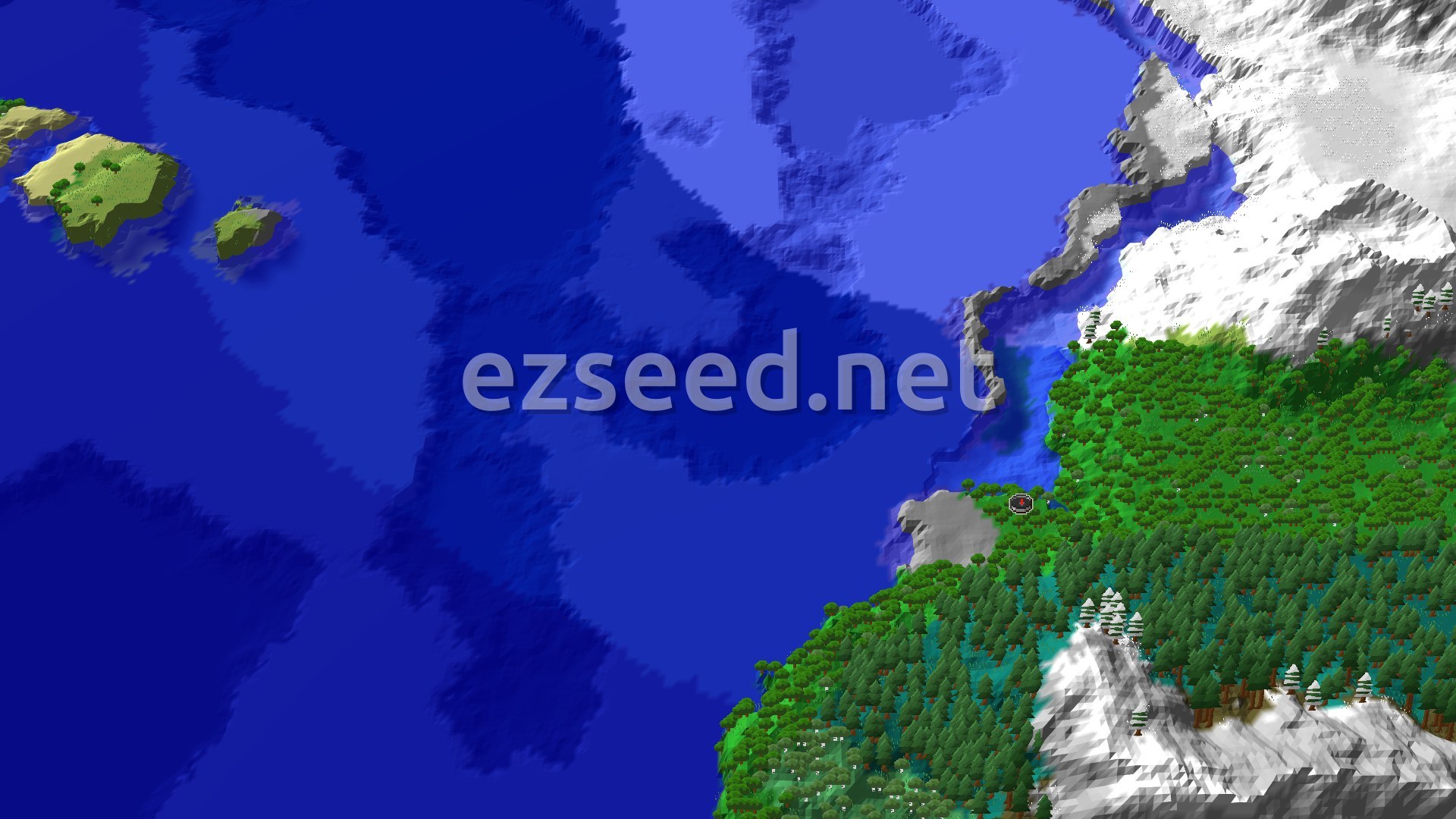 Aerial Minecraft seed map — Spawn Near a Trial Chamber with Snowy Mountains Nearby