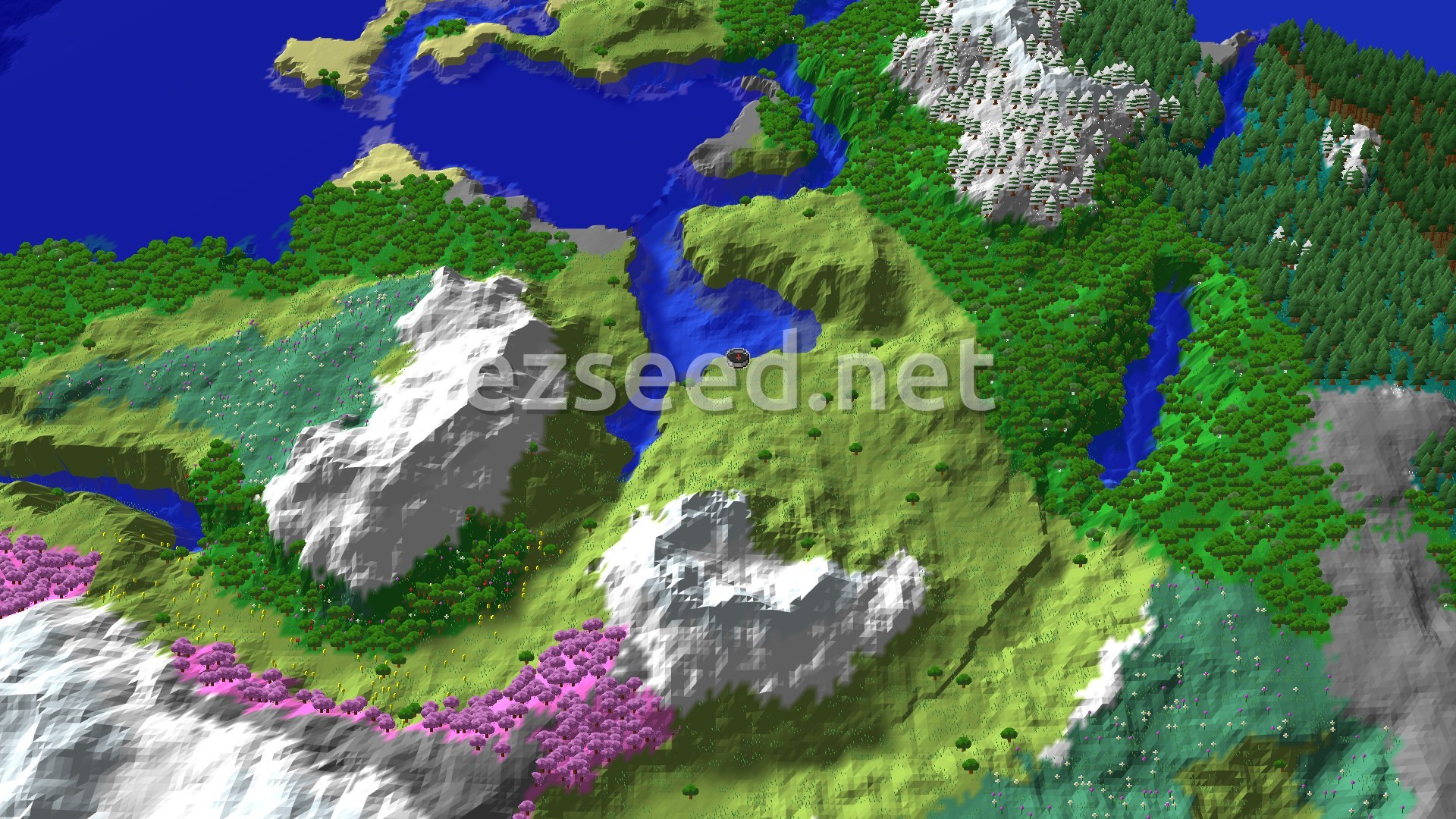 A 3D overhead view shows a green plains biome around spawn, with a river leading into an ocean. Snowy and pink-leafed mountains rise in the distance, surrounded by forests.