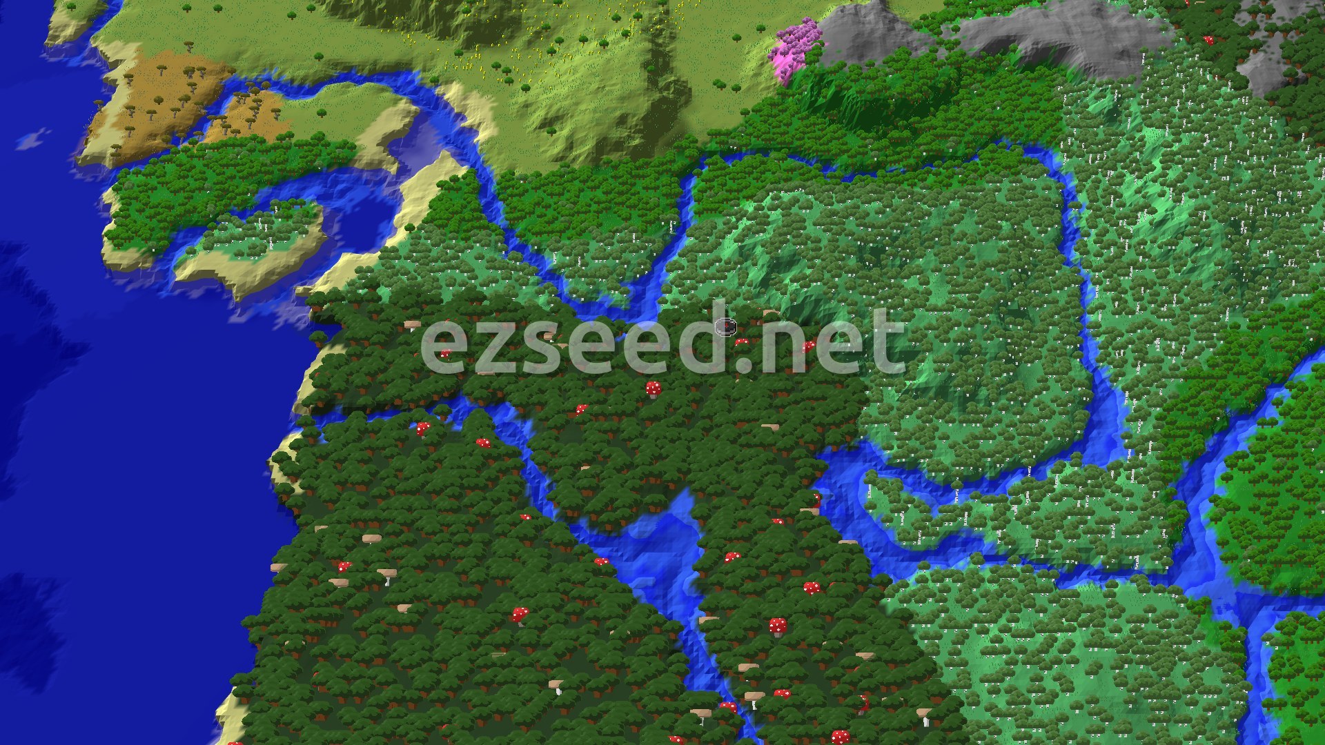 An overhead view of a dense dark forest, interspersed with winding rivers and patches of lighter green birch forest, leading to a large blue ocean. A small purple cherry grove is visible in the distance.