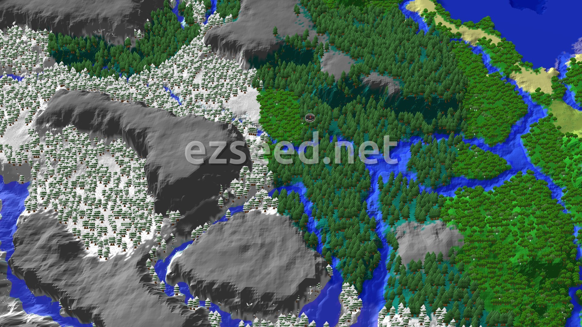 An overhead view of a diverse landscape with dense green forests, winding blue rivers, and snow-capped mountains. A small spawn marker is visible in a patch of green trees.