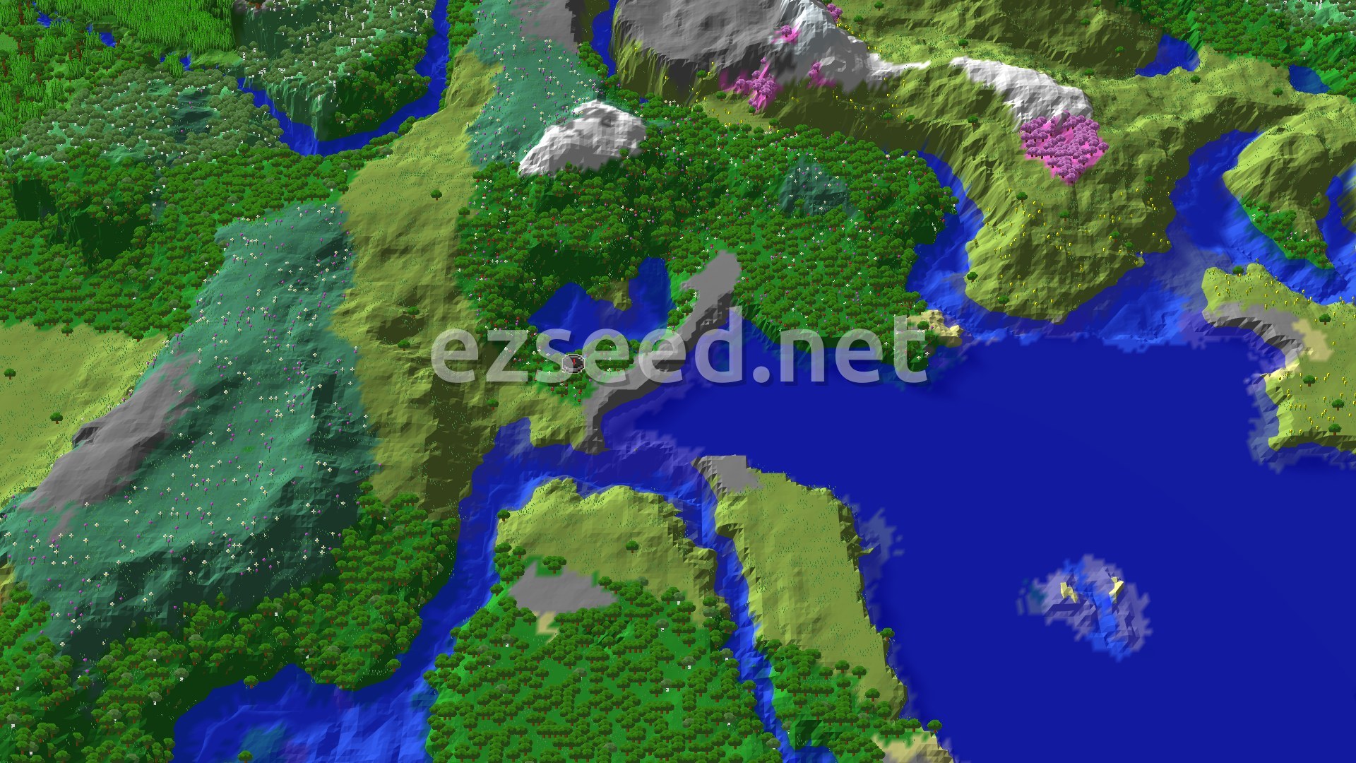 Aerial Minecraft seed map — Flower Forest Spawn with Close Trial Chambers