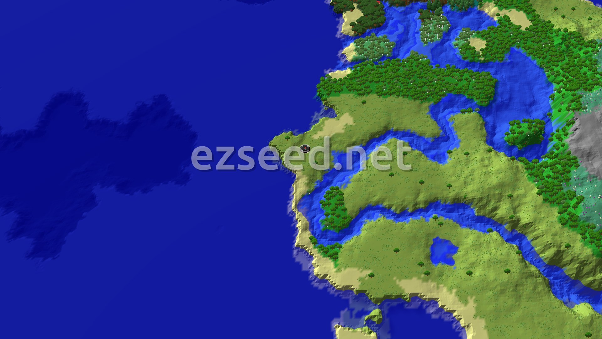Aerial Minecraft seed map — Oceanside Plains with a Distant Abandoned Village