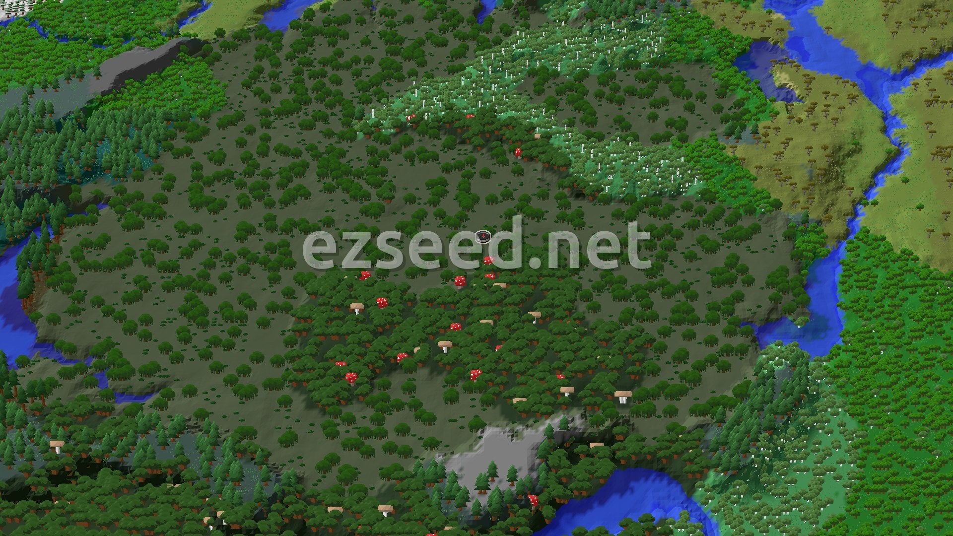 Aerial Minecraft seed map — A Swamp Spawn with a Nearby Dark Forest Mansion