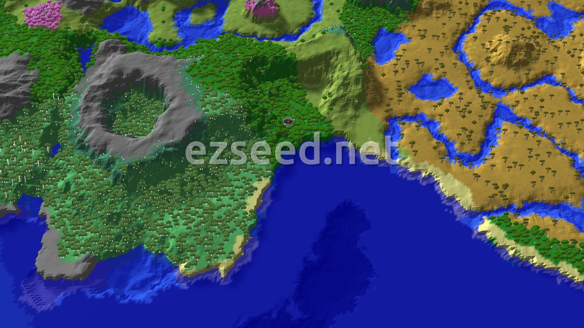 Aerial Minecraft seed map — Forest Spawn Near Ancient City and Trial Chambers