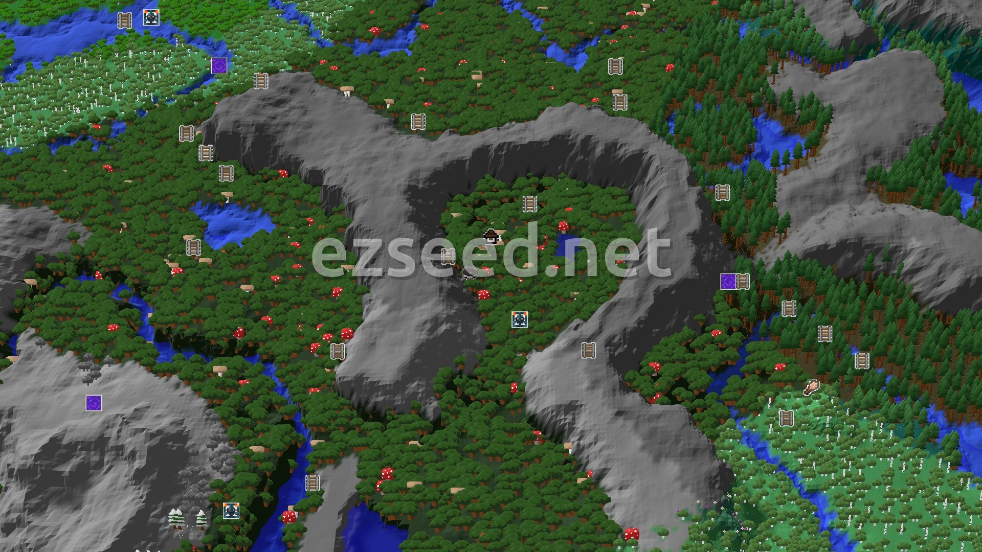 Aerial Minecraft seed map — A Dark Forest Start with Nearby Treasures
