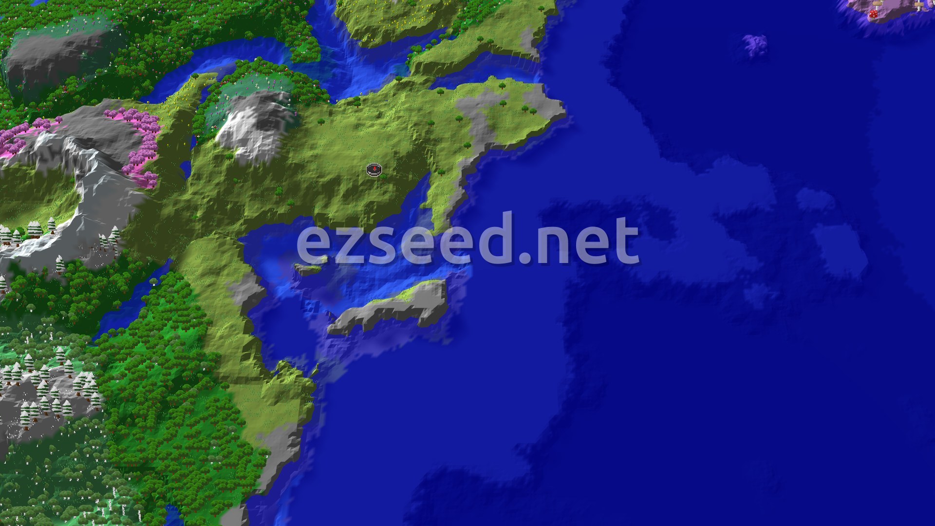Aerial Minecraft seed map — Spawn Near Snowy Peaks and a Cherry Grove