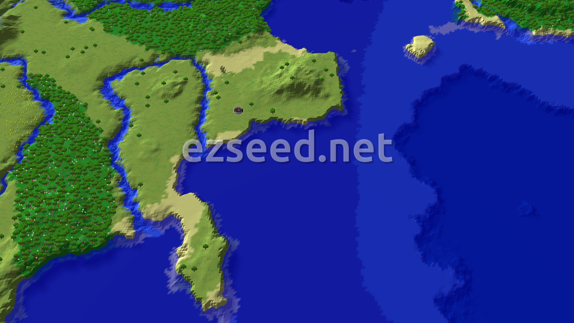 Aerial Minecraft seed map — A Village and Trial Chambers Near a Coastal Spawn