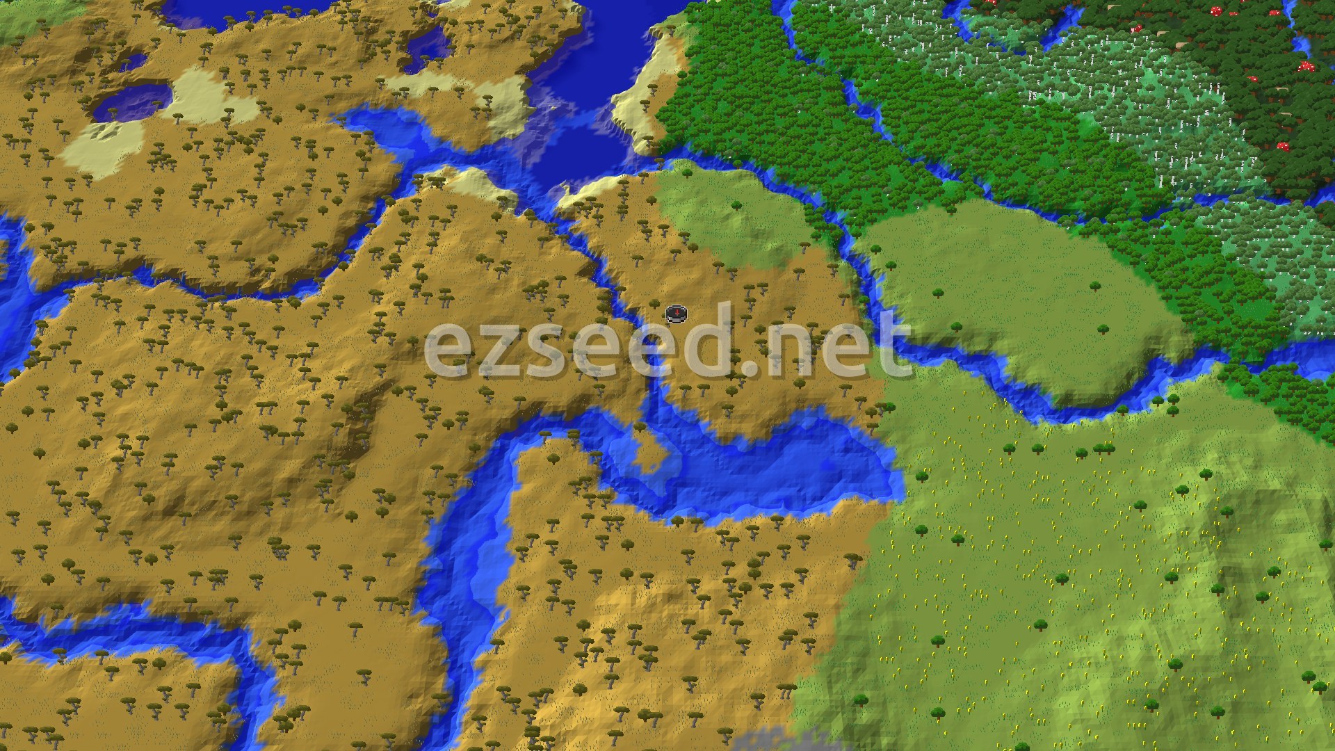 Aerial Minecraft seed map — Savanna Spawn With Nearby Woodland Mansion