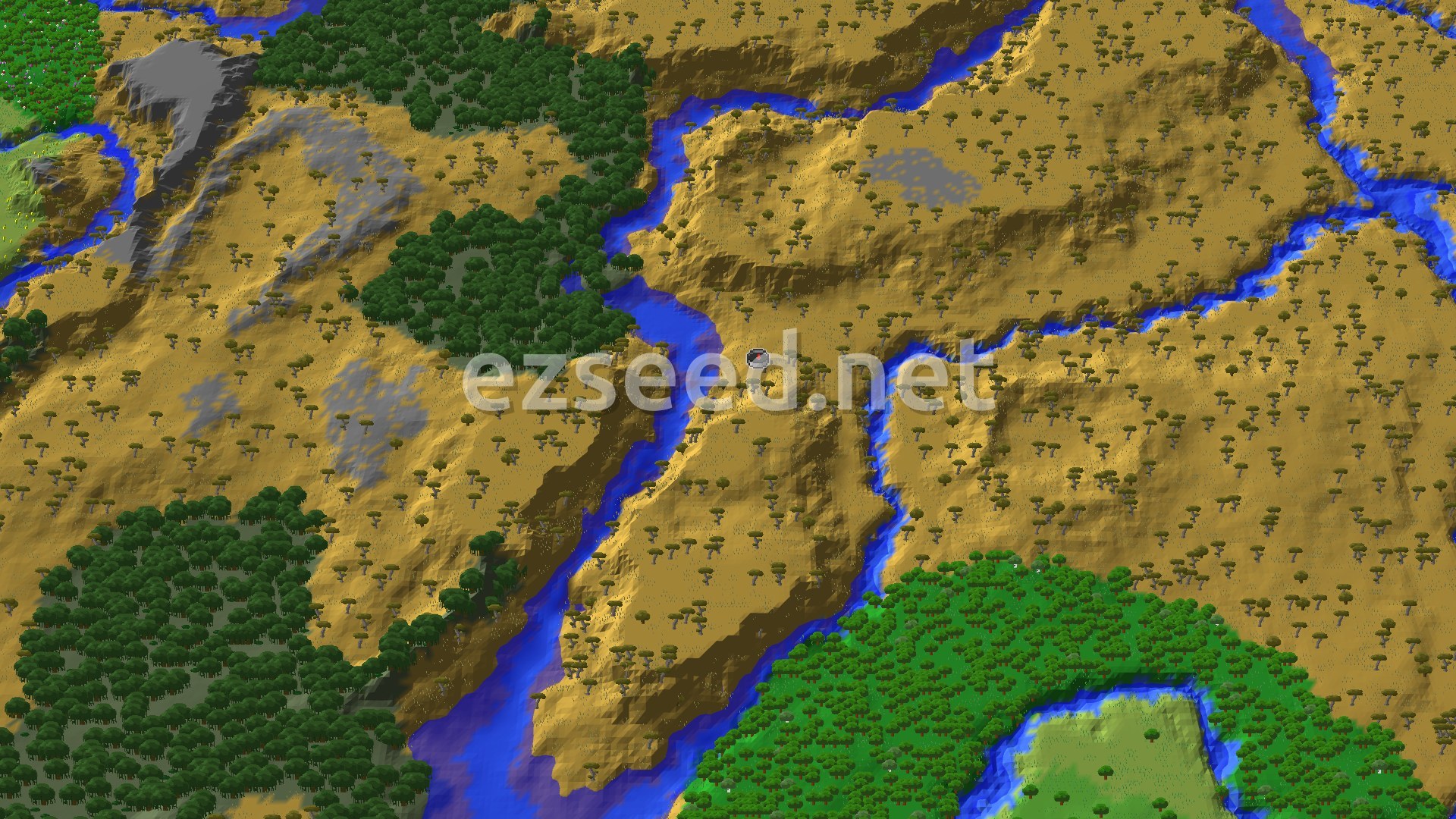 An aerial view of a mostly savanna landscape with scattered acacia trees, cut through by winding blue rivers. A dense green forest is visible to the west and south, and a small spawn marker sits near a river bend in the center.