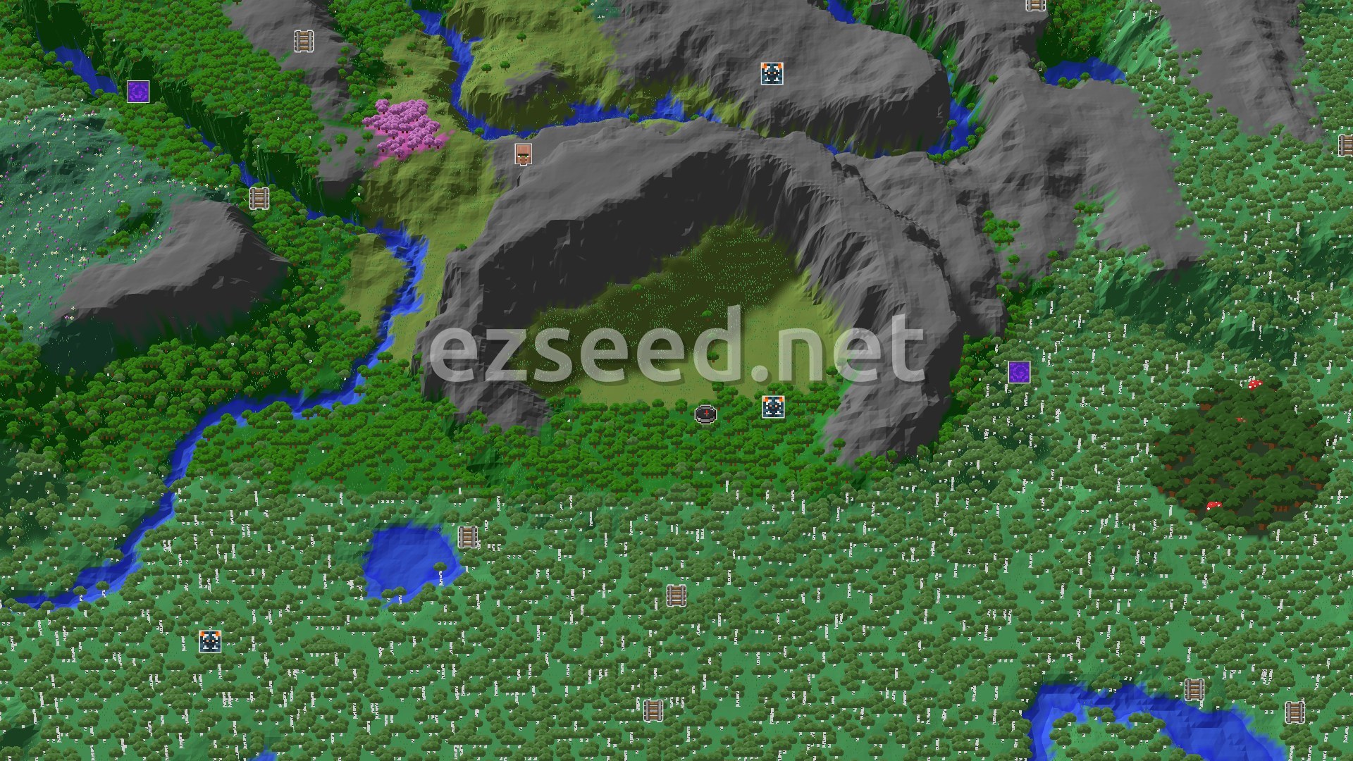 Aerial Minecraft seed map — Trial Chambers and a Cherry Grove in a Forest