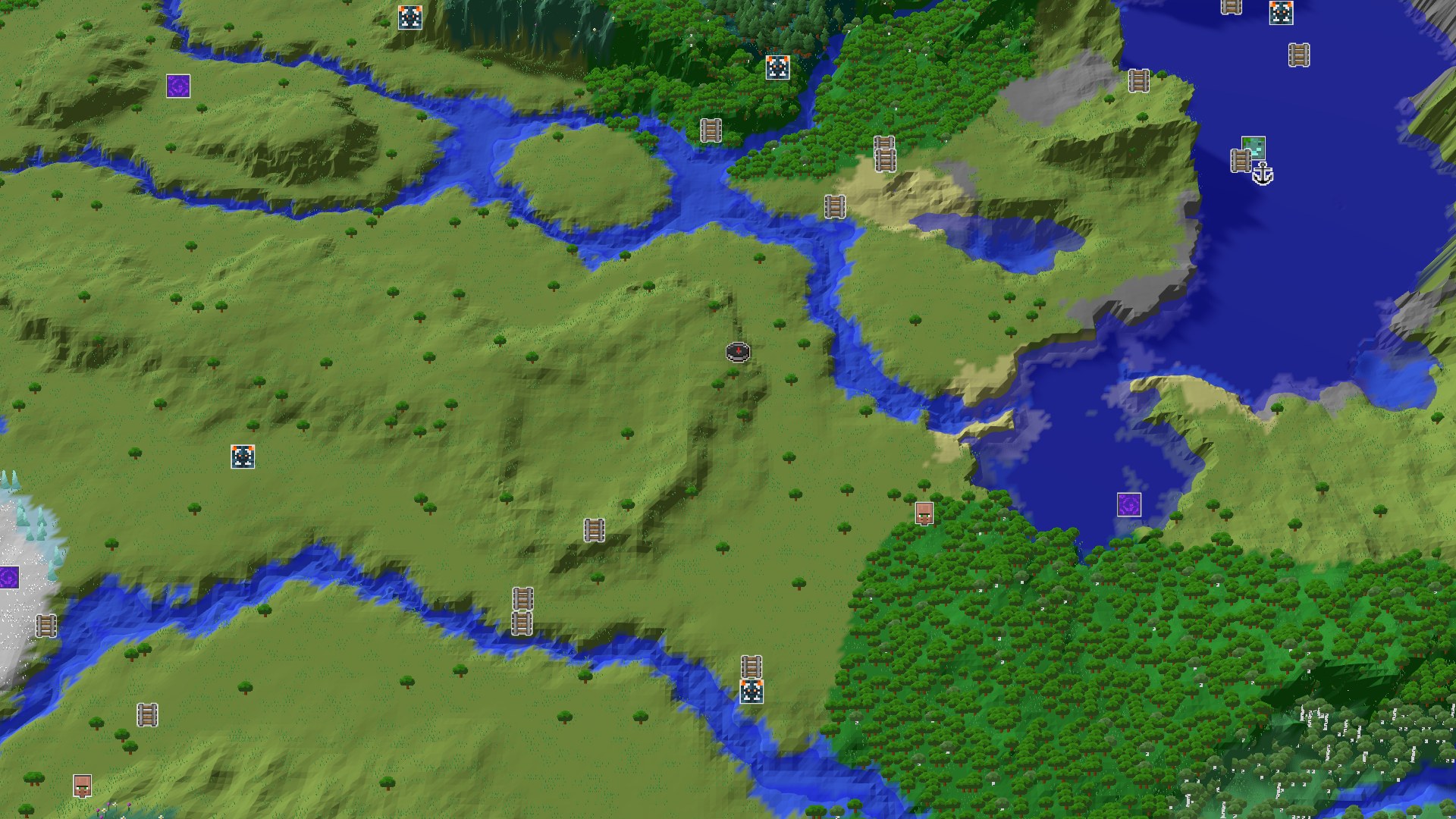 A 3D overhead view of a mostly green, rolling landscape with several winding blue rivers and a large ocean to the east. Sparse trees are scattered across the plains and denser forests are visible in the distance. A small spawn marker is at the center.