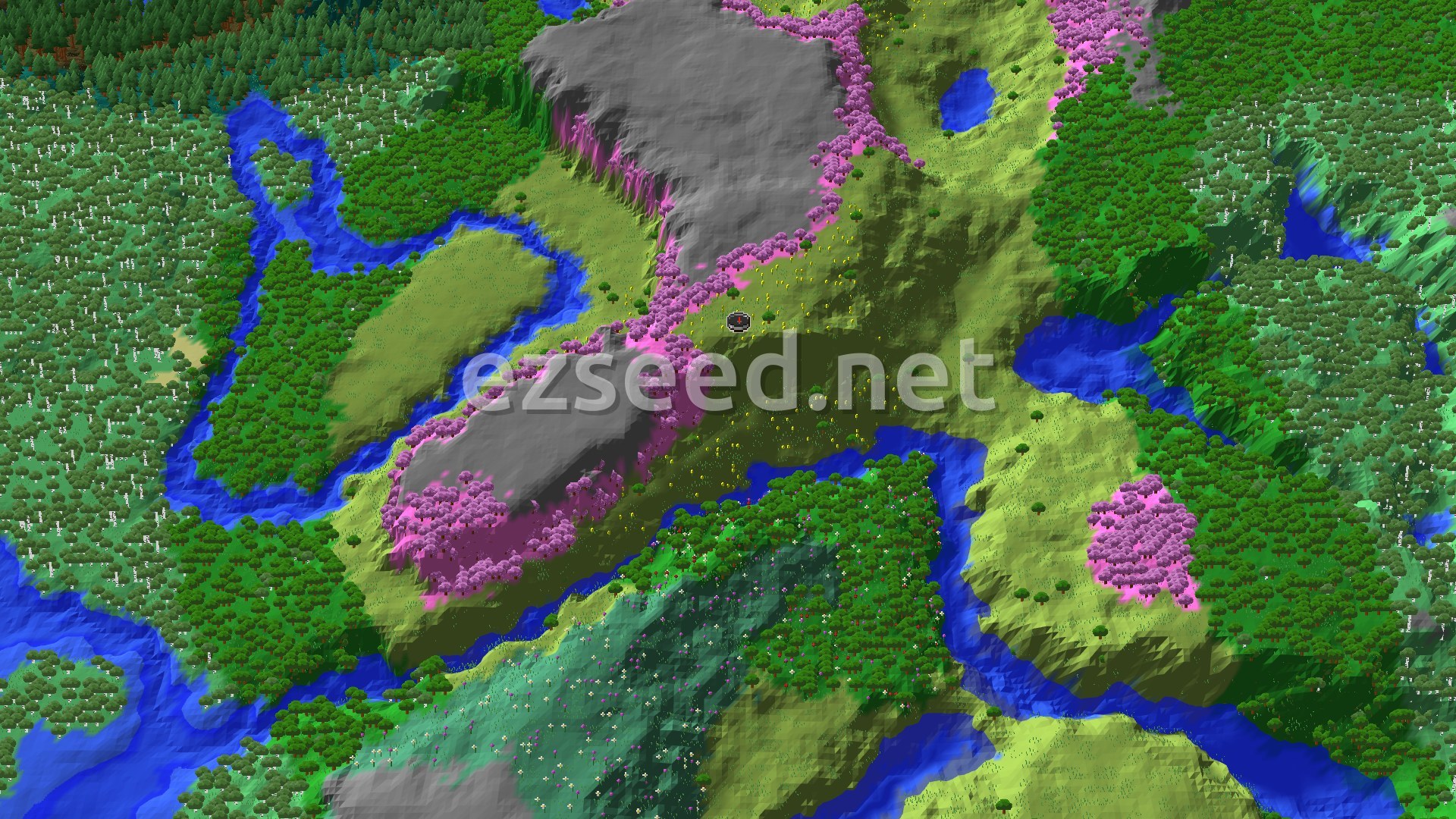 Aerial Minecraft seed map — Cherry Grove Mountainside with Nearby Trial Chambers