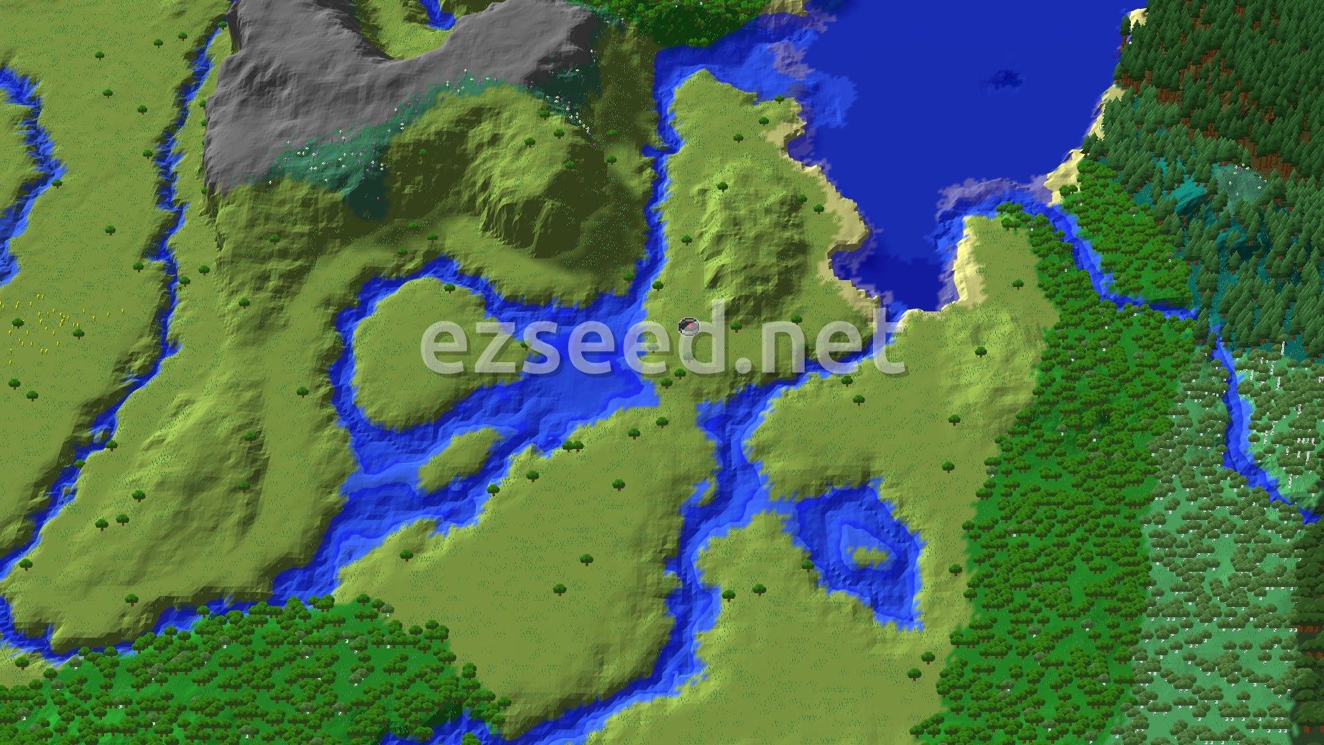 Aerial Minecraft seed map — Trial Chambers and Village Near Spawn