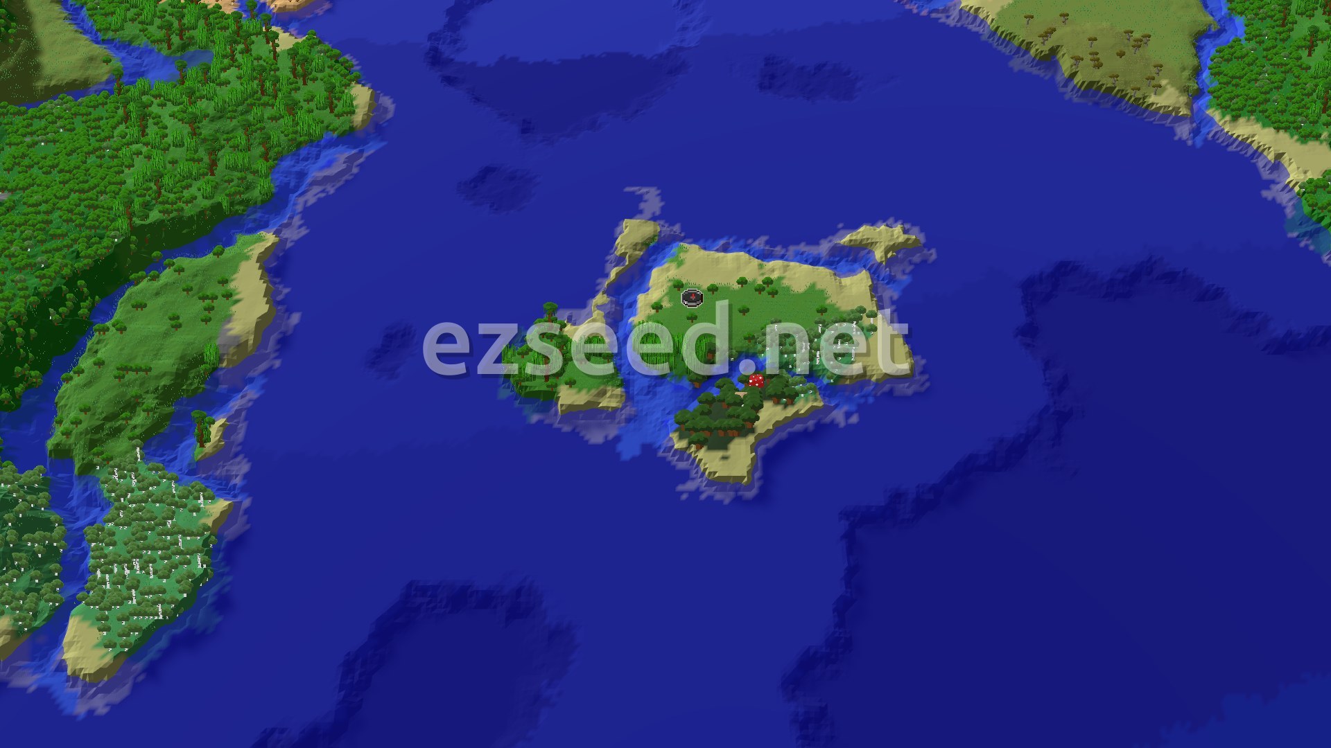 Aerial Minecraft seed map — Island Jungle Spawn with Nearby Mineshaft and Mansion