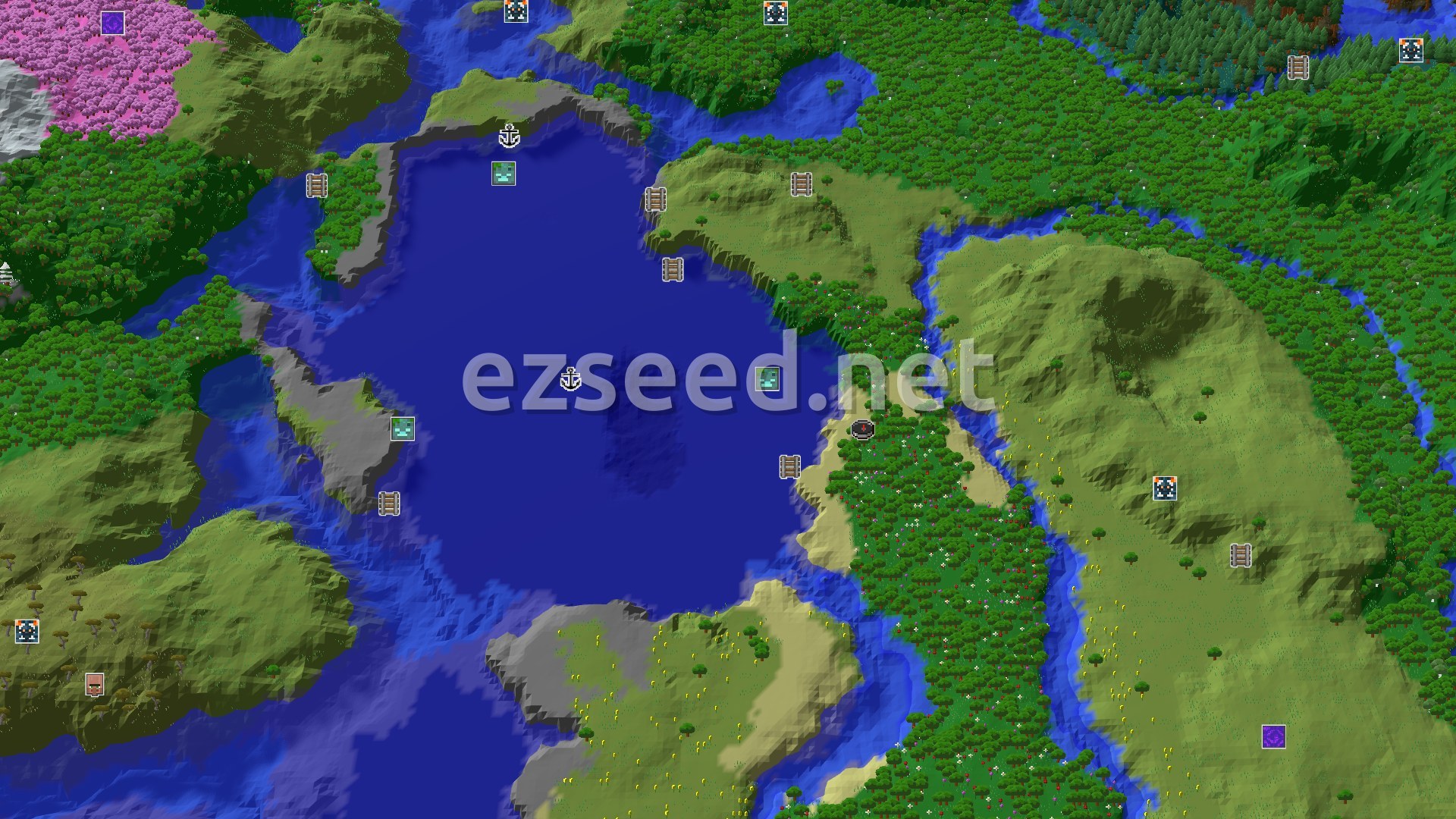 Aerial Minecraft seed map — A Lush Spawn and Nearby Trial Chambers