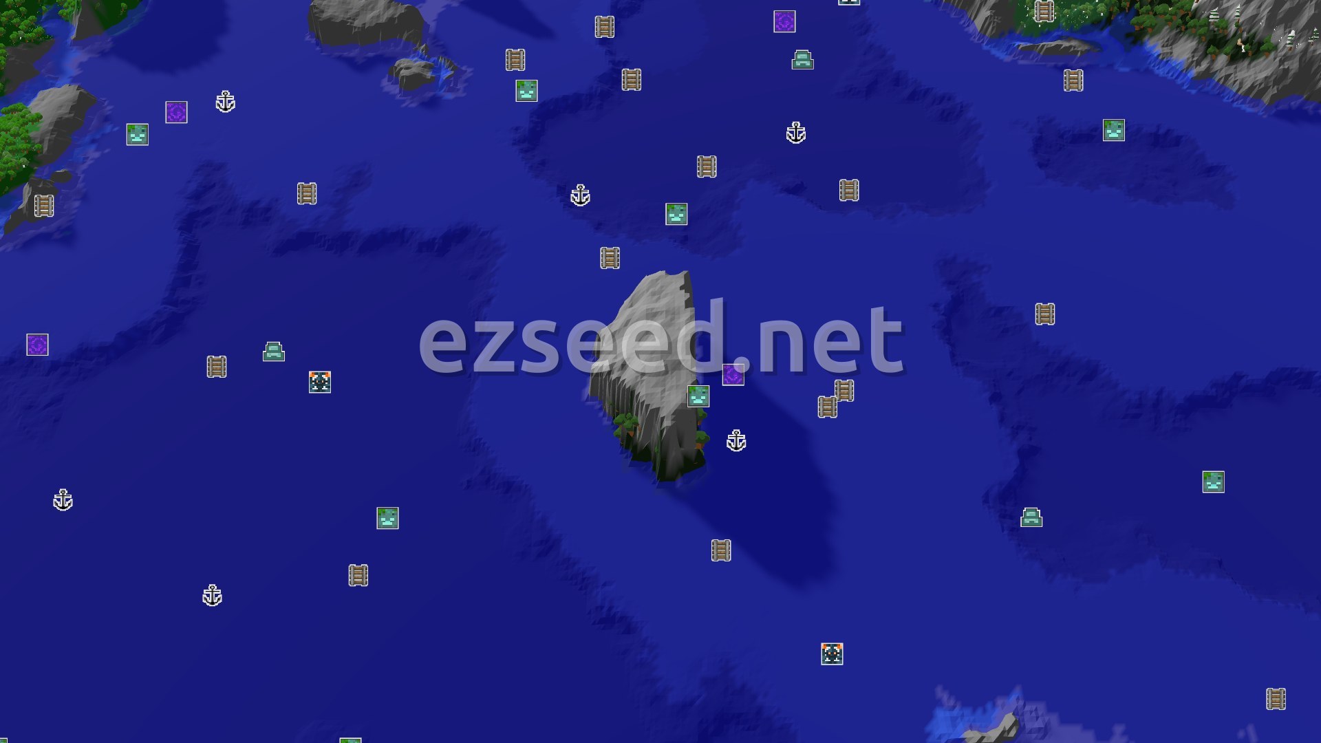 Aerial Minecraft seed map — Ocean Spawn with Distant Mountain Vistas