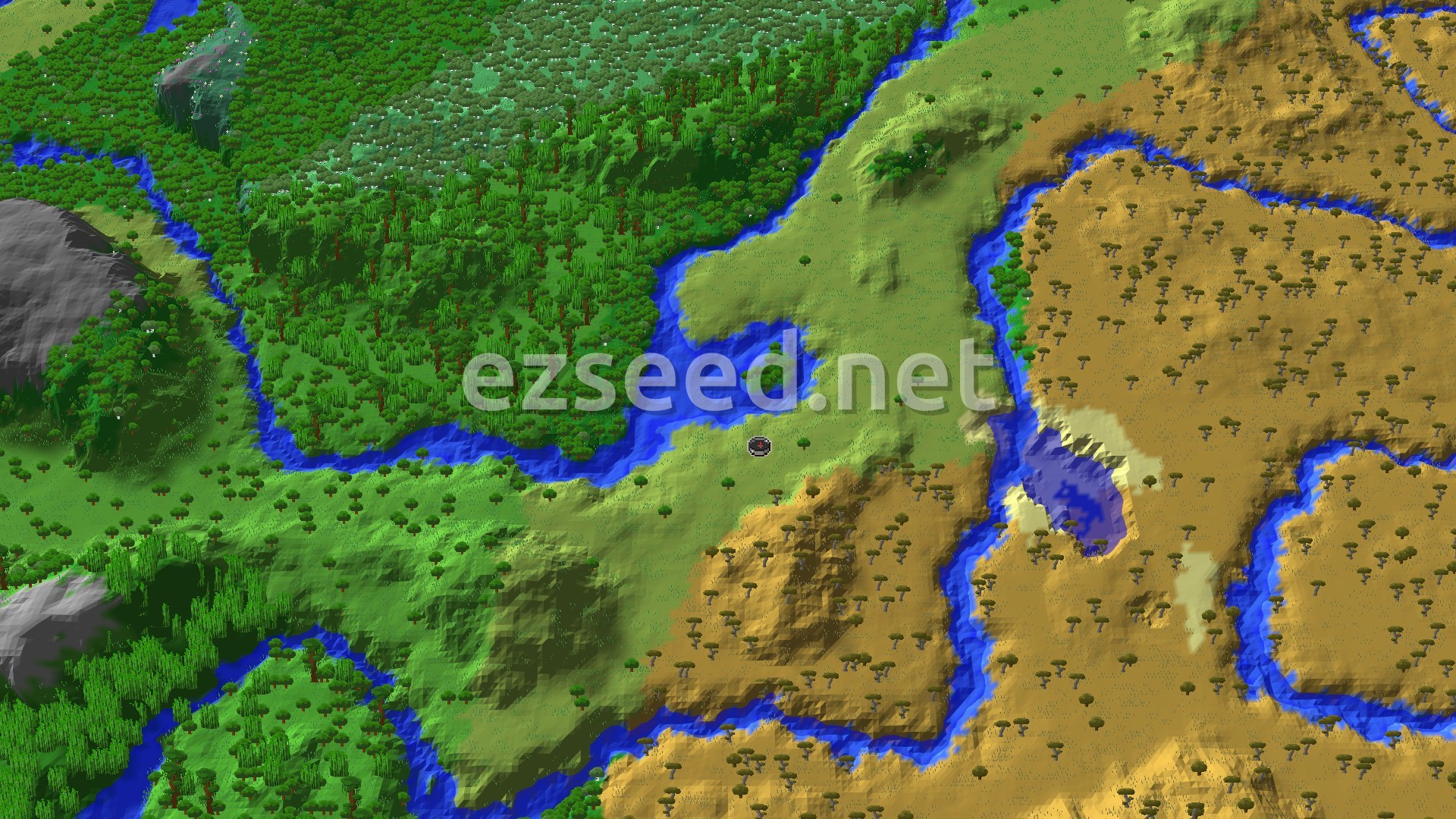 Aerial Minecraft seed map — Village with Blacksmith and Nearby Jungles
