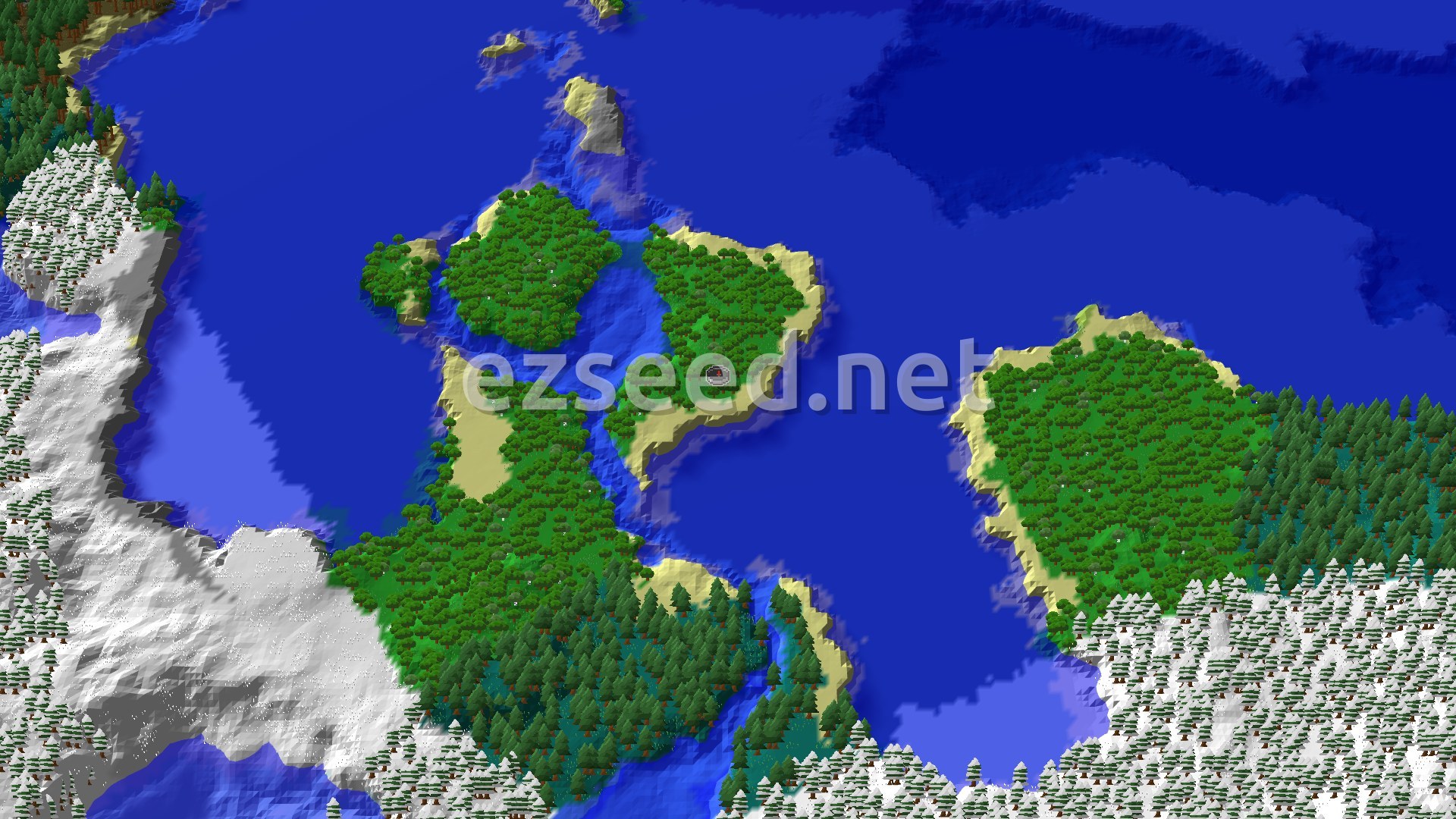 Aerial Minecraft seed map — Forest Spawn With Nearby Snowy Taiga and Ocean