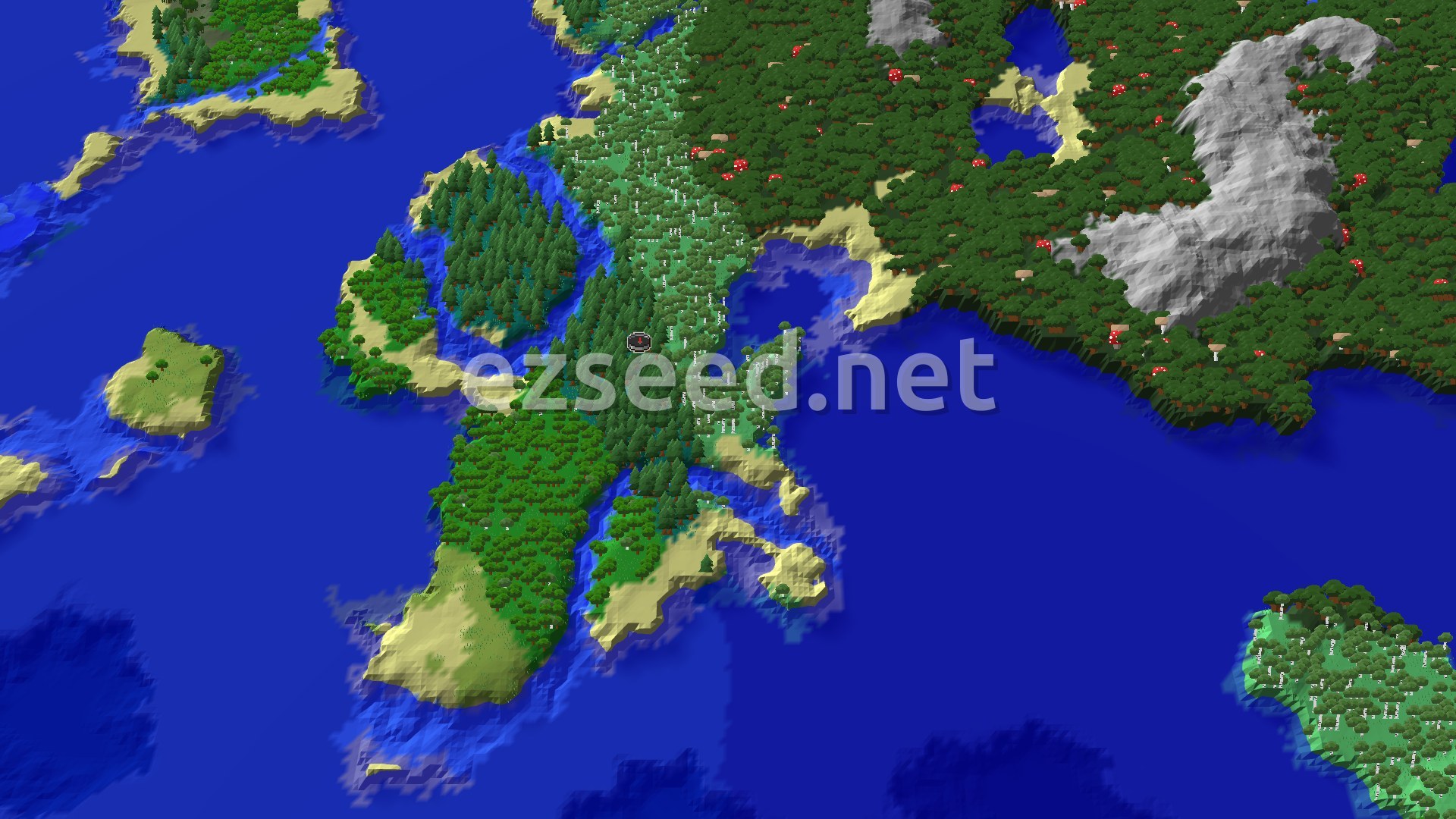 Aerial Minecraft seed map — A Taiga Start with Nearby Dark Forest and Oceans