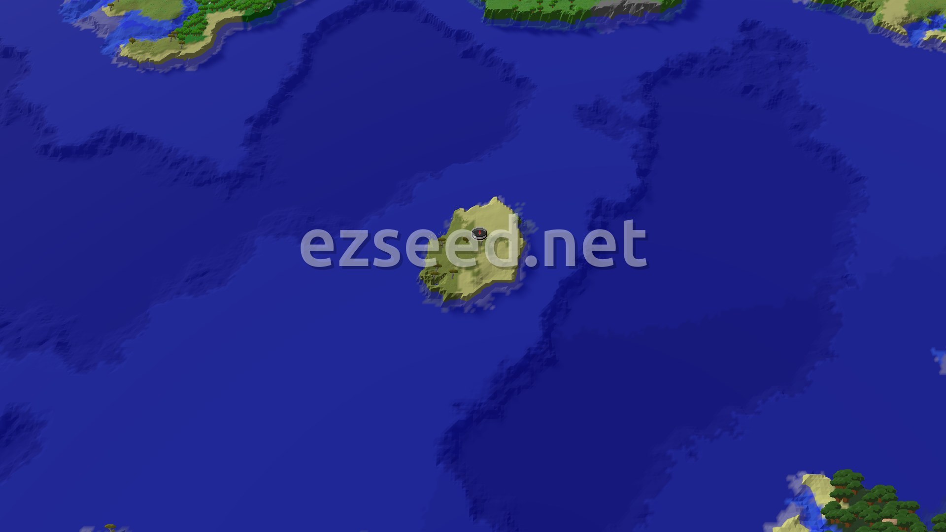 Aerial Minecraft seed map — Island Spawn with a Close Village and Ocean Wonders