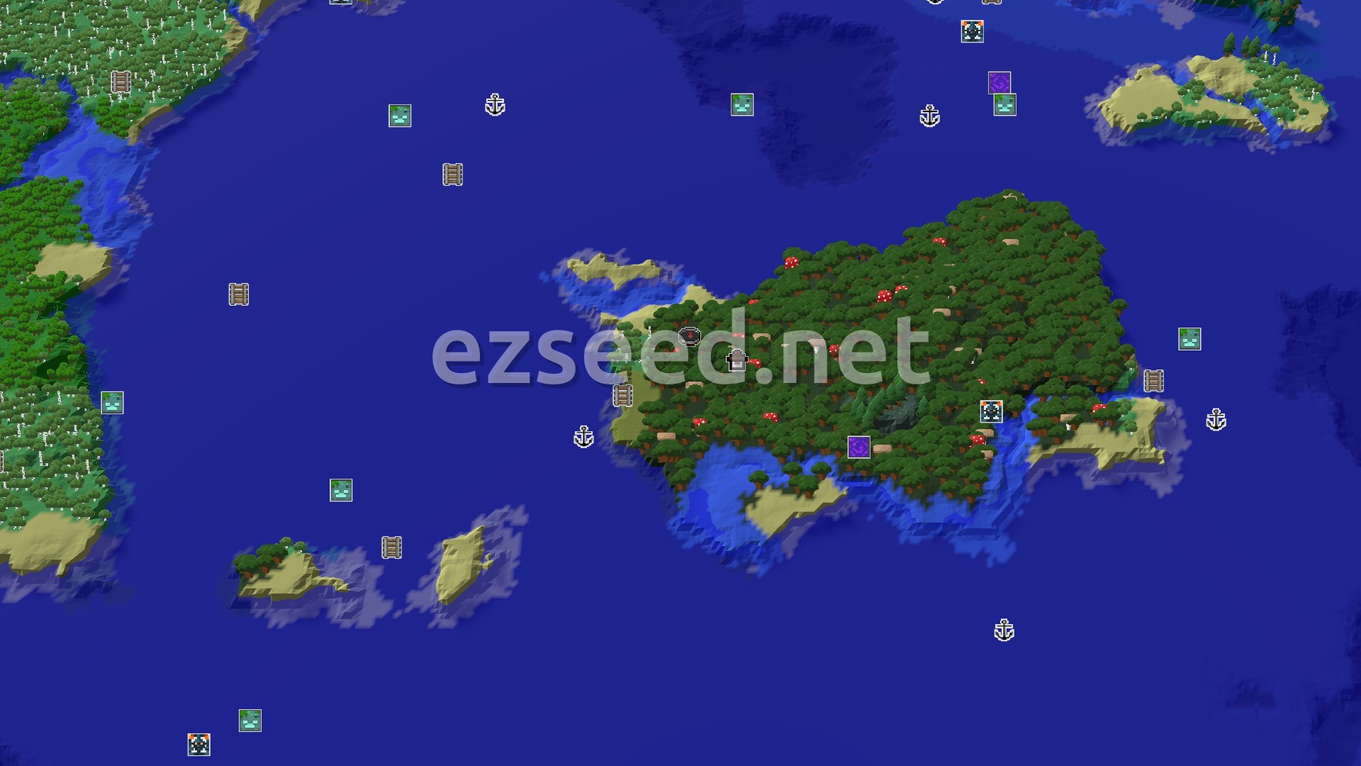 Aerial Minecraft seed map — Woodland Mansion near Spawn in a Dark Forest Archipelago