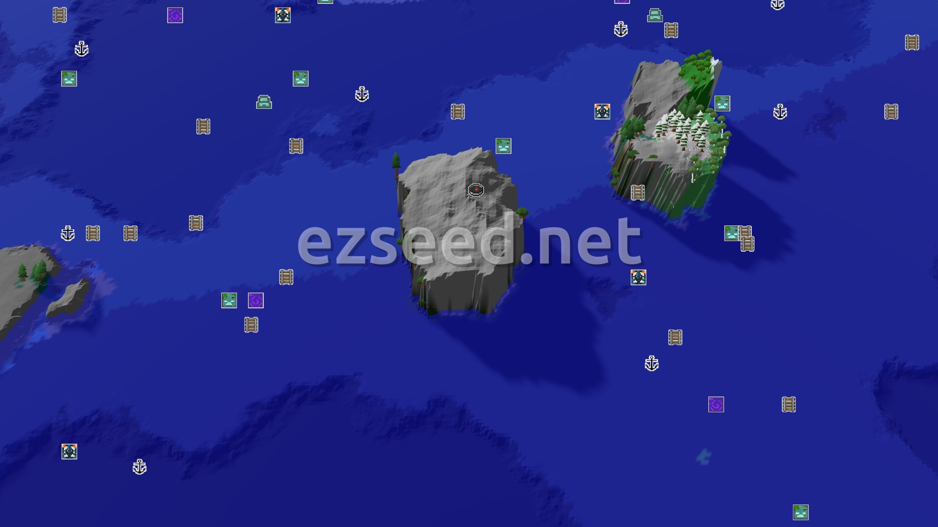 Aerial Minecraft seed map — Trial Chambers and Frozen Peaks near a Dark Forest Spawn