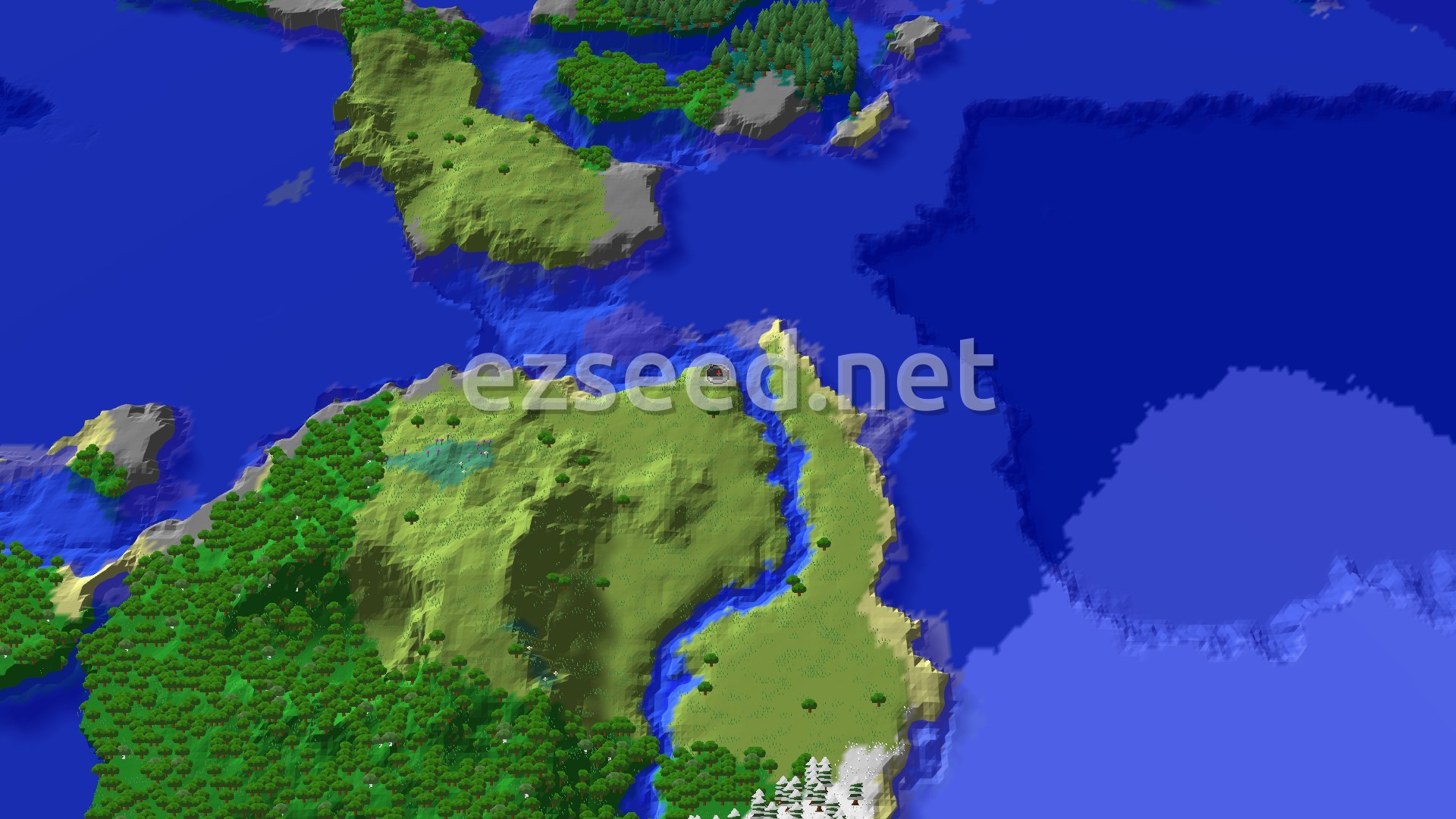 Aerial Minecraft seed map — Trial Chambers and Ocean Monument Near Spawn