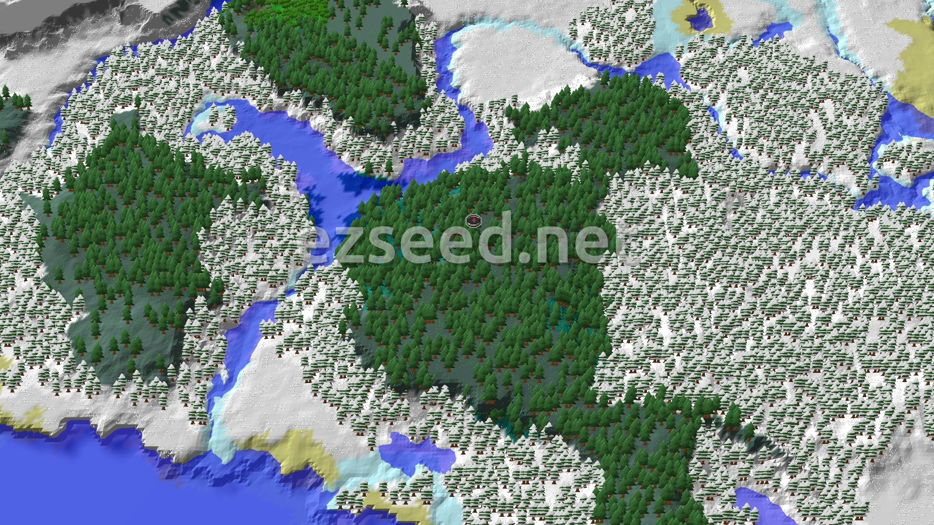 Aerial Minecraft seed map — Windswept Forest Spawn with Nearby Trial Chambers