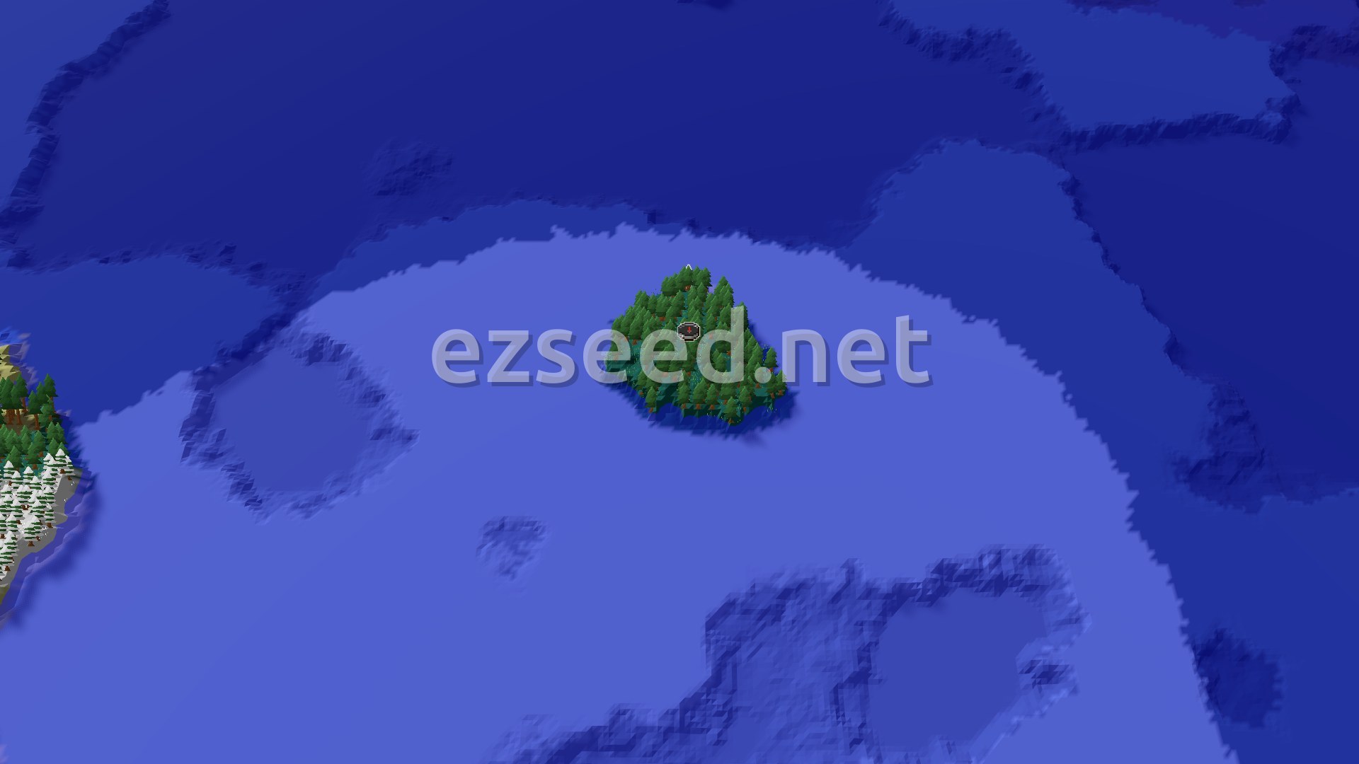 Aerial Minecraft seed map — Spawn on a Small Taiga Island with a Nearby Village